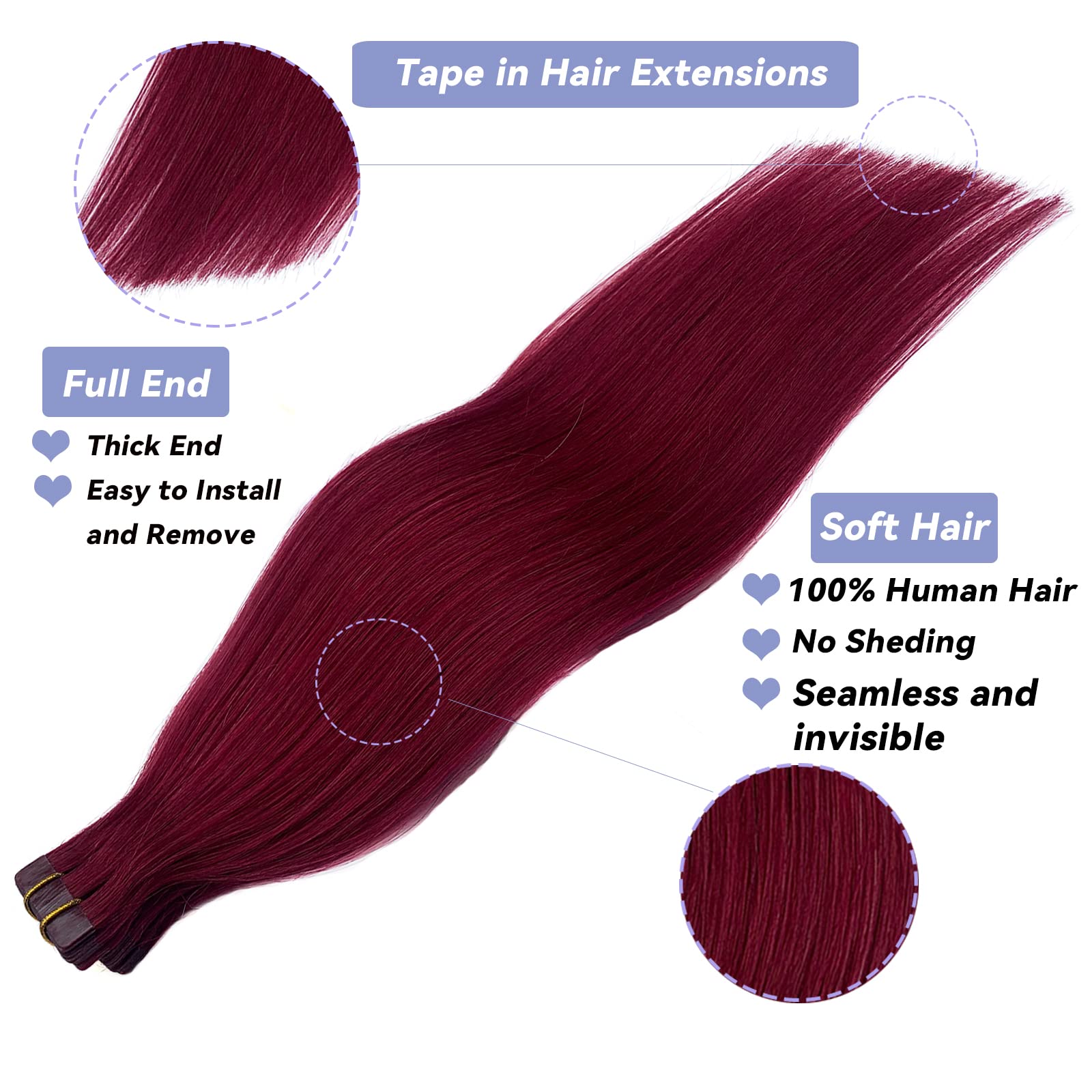 Smavida Tape in Hair Extensions #99J Red Wine - 20pcs/30g Human Hair Wefts | Seamless Skin Weft Silk Straight Remy Hair Extensions with Glue | Perfect for Parties, Weddings & Daily Styling