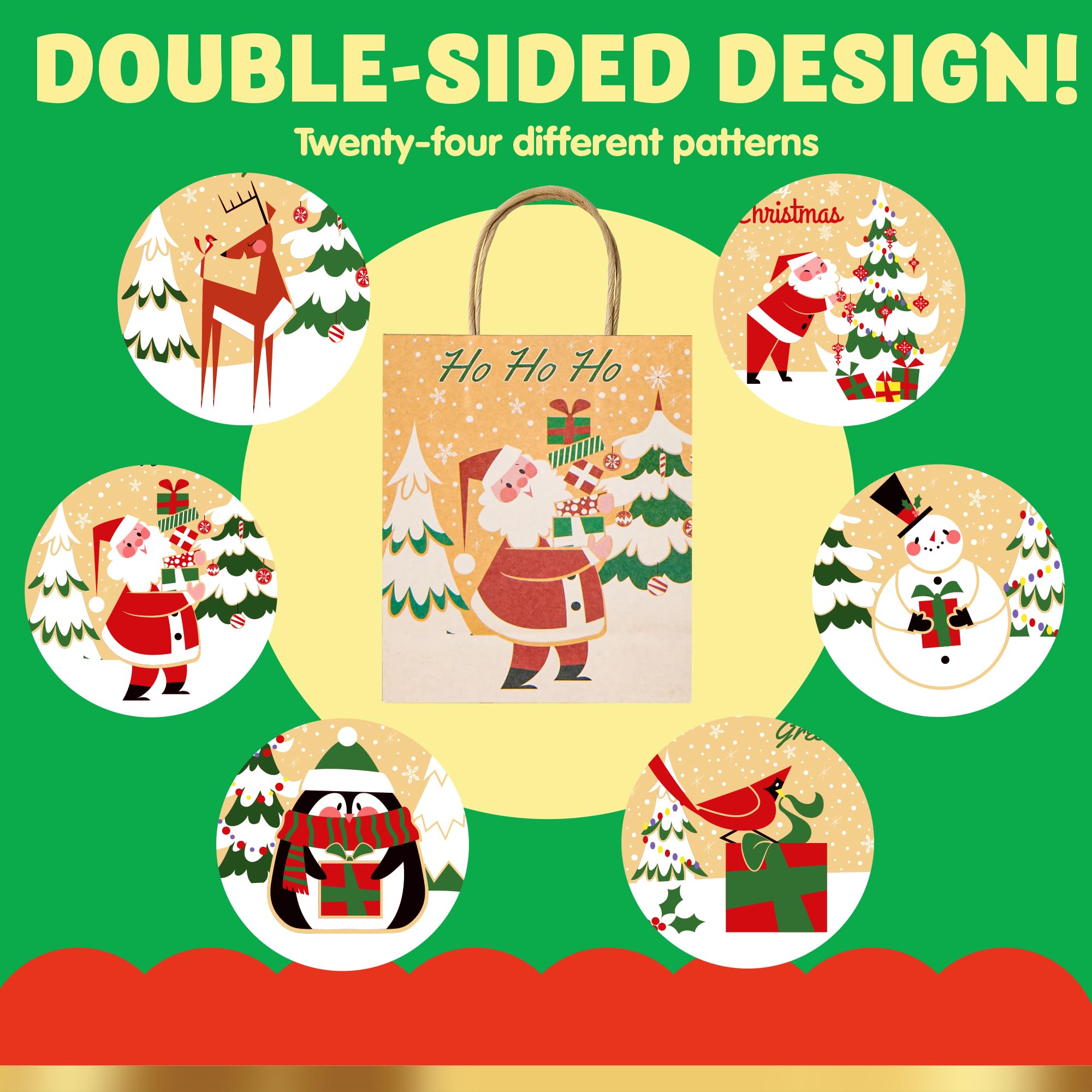 JOYIN 24-Piece Christmas Kraft Gift Bags Set - Assorted Holiday Designs for Wrapping Presents (Classic Style, Tissue Paper Not Included) - Perfect for Christmas Party Favors, Stocking Stuffers & Holiday Gift Giving