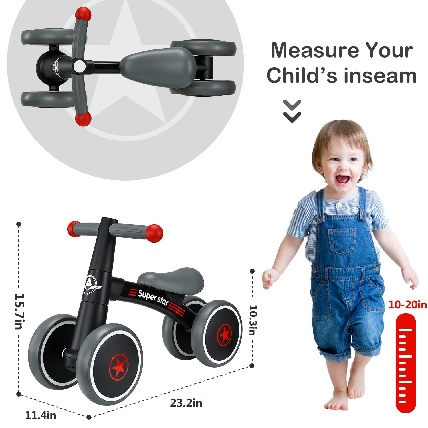 **Best Baby Balance Bike for 1-3 Year Olds | Adjustable 4-Wheel Toddler Bike Ride-On Toy | First Birthday Gift for Boys & Girls | Dark Black | Indoor & Outdoor Play**