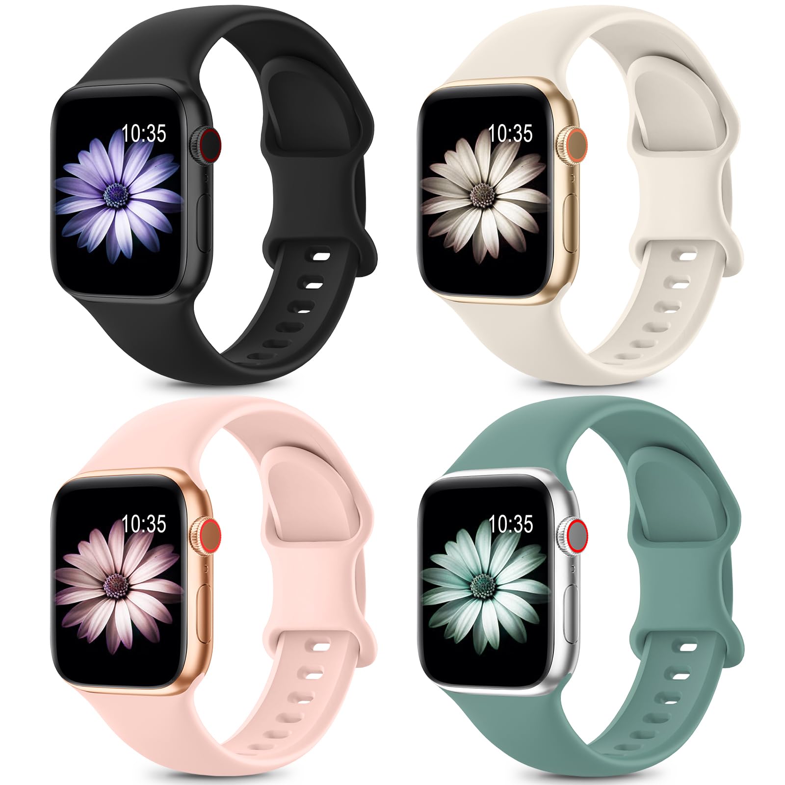4 Pack Sport Bands Compatible with Apple Watch Series 9/8/7/6/5/4/3/2/1/SE - Soft Silicone Waterproof Watch Strap for Women & Men 38mm 40mm 41mm 42mm 44mm 45mm 49mm - Perfect for Running, Swimming & Fitness Activities