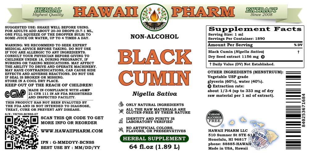 Alcohol-Free Black Cumin (Nigella Sativa) Seed Liquid Extract - 64 oz Natural Herbal Supplement by Hawaii Pharm | Immune Support, Digestive Aid & Wellness Boost | Perfect for Teas, Smoothies & Holistic Remedies