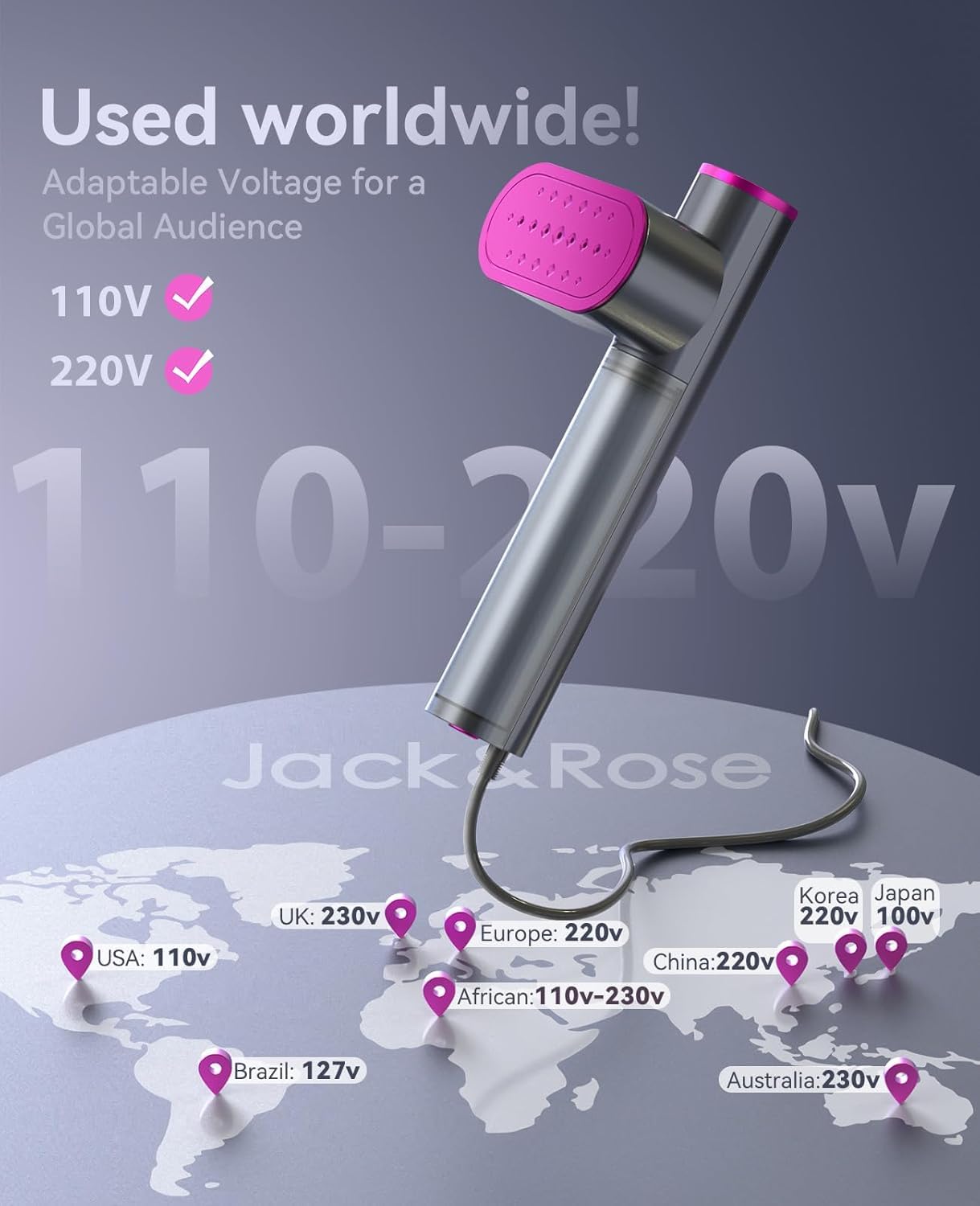 Jack & Rose Travel Steamer for Clothes - 100-220V Portable Garment Steamer & Iron 2-in-1 | Fast 15-Second Heat Up | Compact Travel Size with Large Ceramic Heat Panel | Perfect for Business Trips, Vacations & Home Use in US, Europe & Worldwide