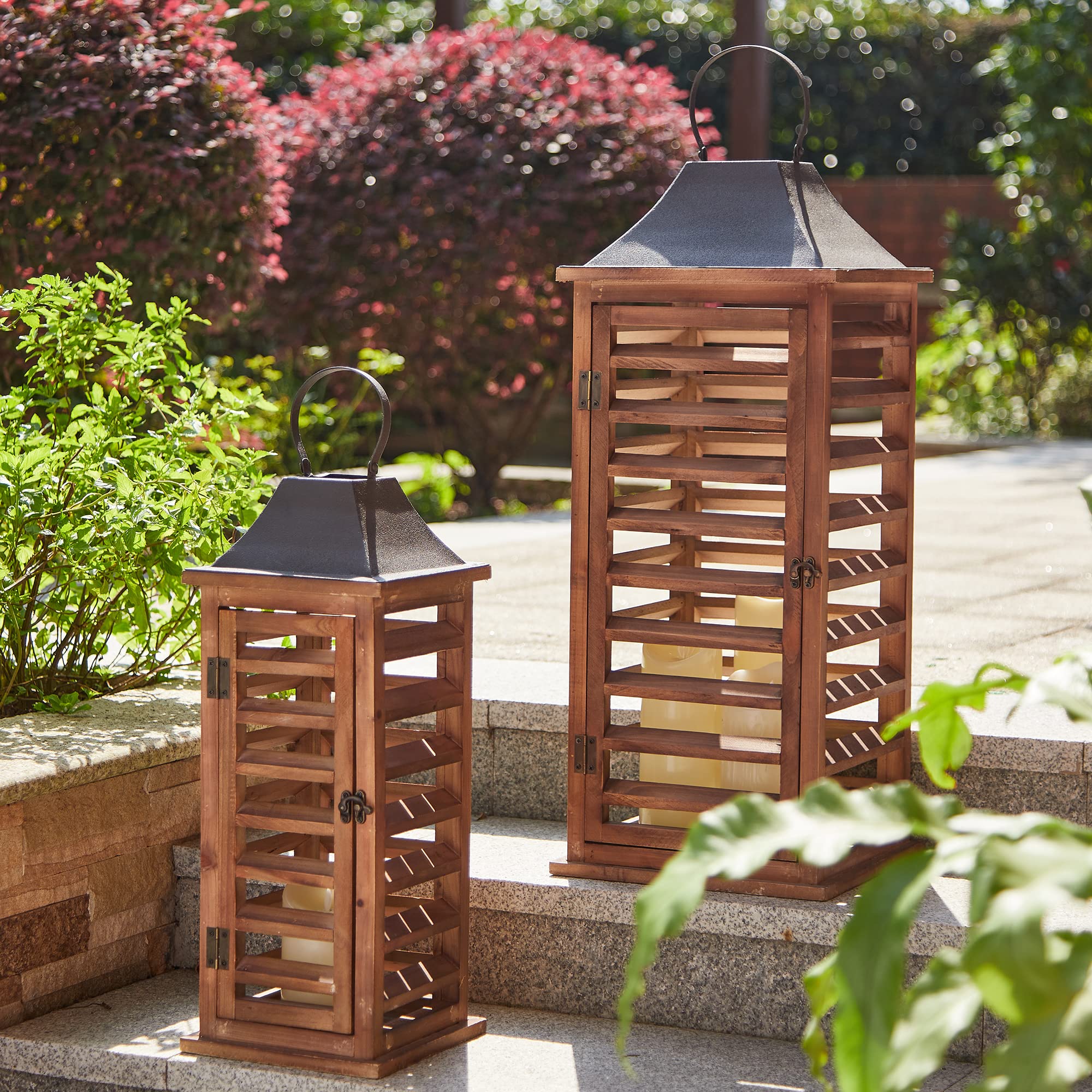 Glitzhome Farmhouse Wood Metal Candle Lanterns - Set of 2 Vintage Rustic Floor Lanterns with Distressed Shutter Design for Wedding, Garden, Patio & Outdoor Decor - Natural Finish No Glass Candle Holders