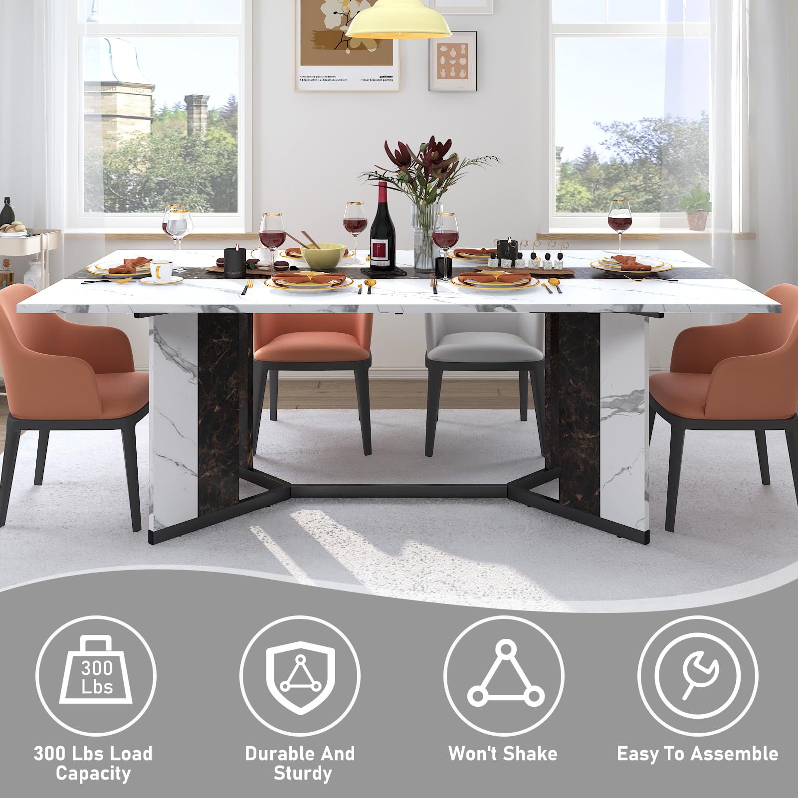 71-Inch Large Rectangular White Dining Table for 4-7 People with 35-Inch Marble-Color Waterproof Wood Tabletop & Adjustable Legs - 6ft Luxurious Family Dinner Table for Home, Kitchen, Living Room - Perfect for Family Gatherings, Dinner Parties & Daily Meals