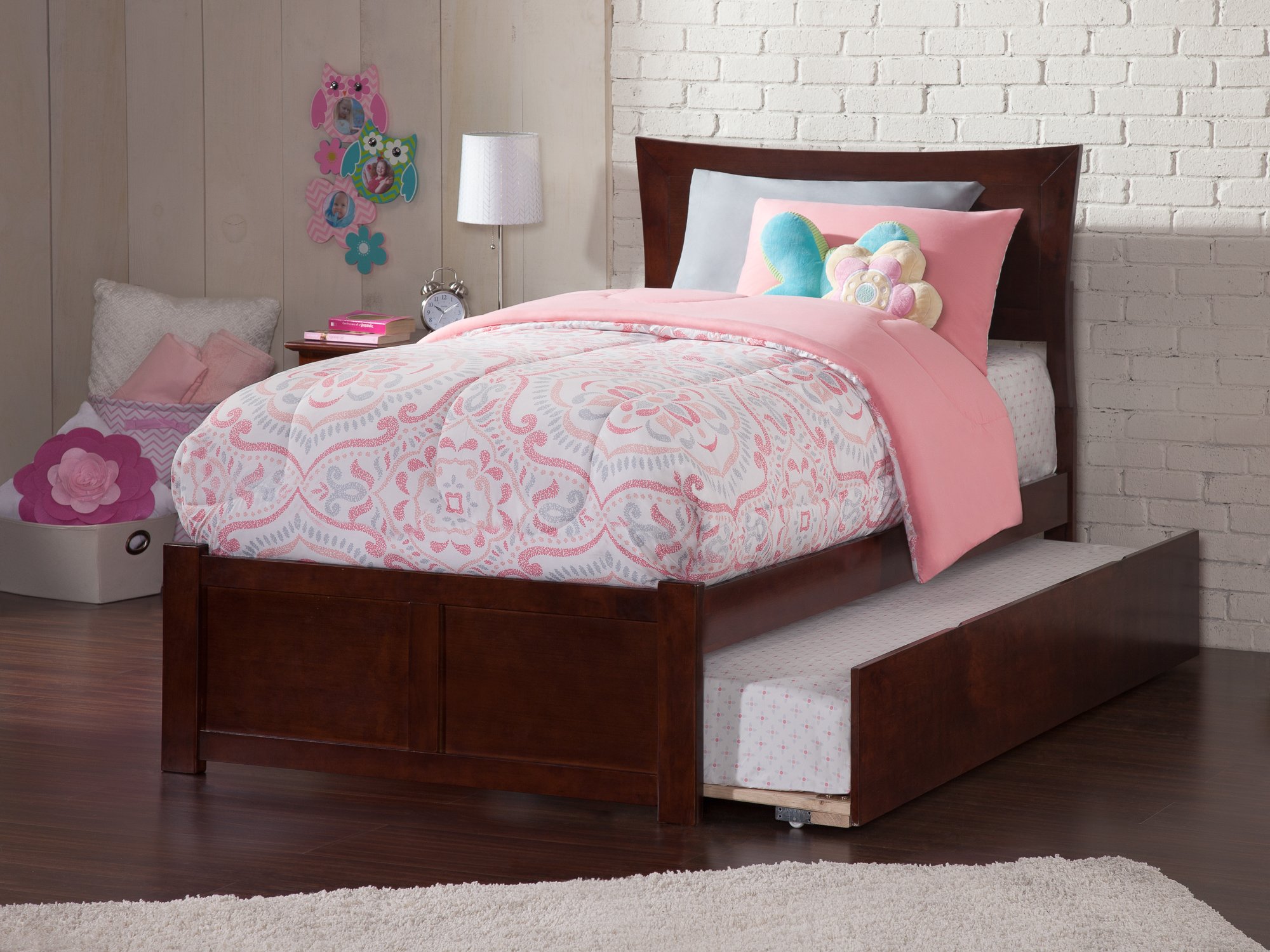 AFI Metro Twin Platform Bed with Footboard, Twin Trundle & USB Charger - Walnut Wood Modern Kids Bedroom Furniture for Small Spaces & Sleepovers
