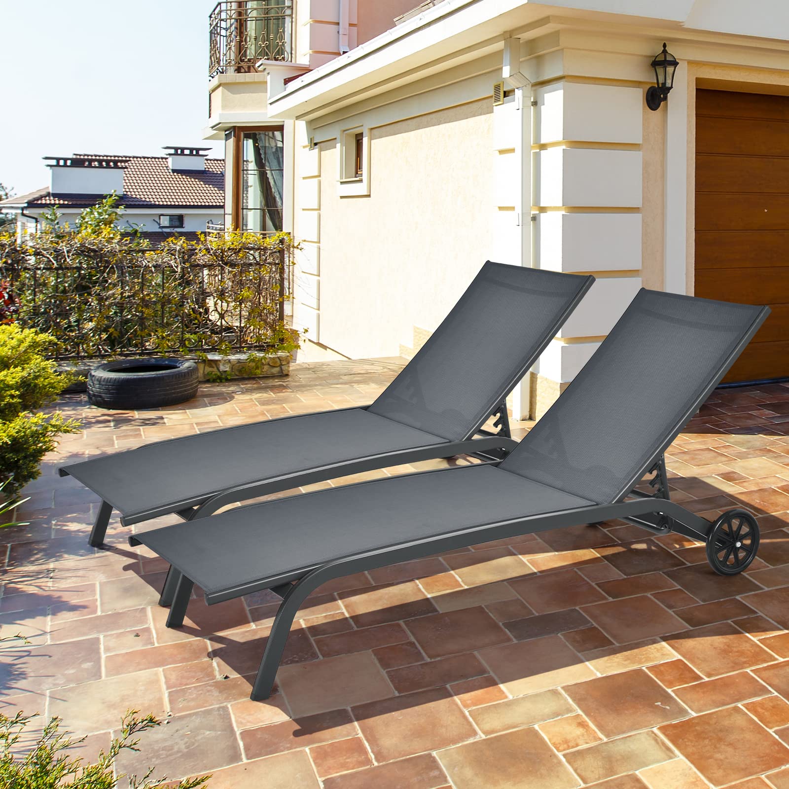 **Tangkula 6-Position Adjustable Outdoor Chaise Lounge Chair - Breathable Fabric, Smooth Wheels - Patio, Poolside, Garden Relaxation (Grey)**