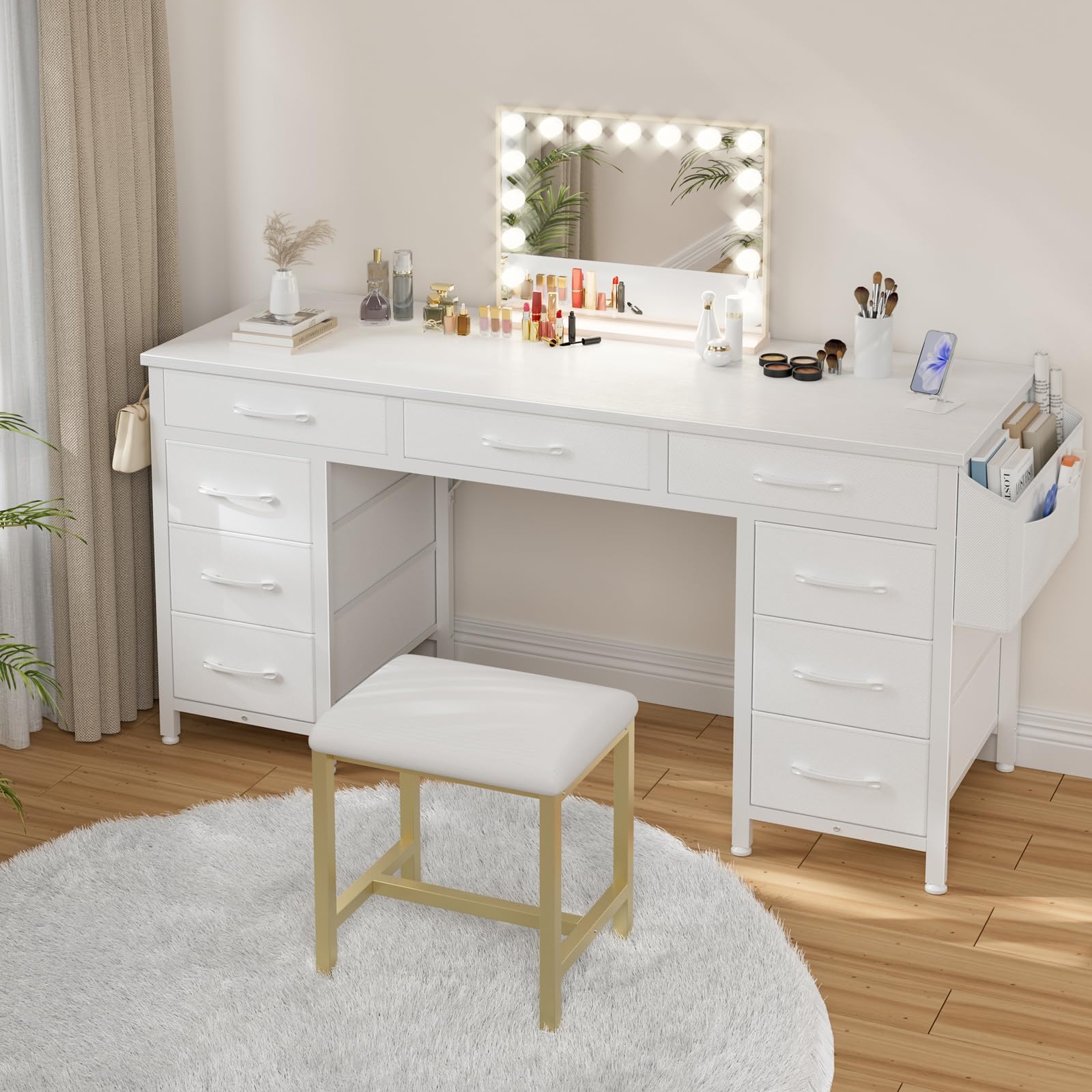 47 Inch White Computer Desk with 9 Fabric Drawers - Large Storage Office Desk for Home Office, Study & Writing | Perfect for Small Spaces, Dorm Rooms & Workstations