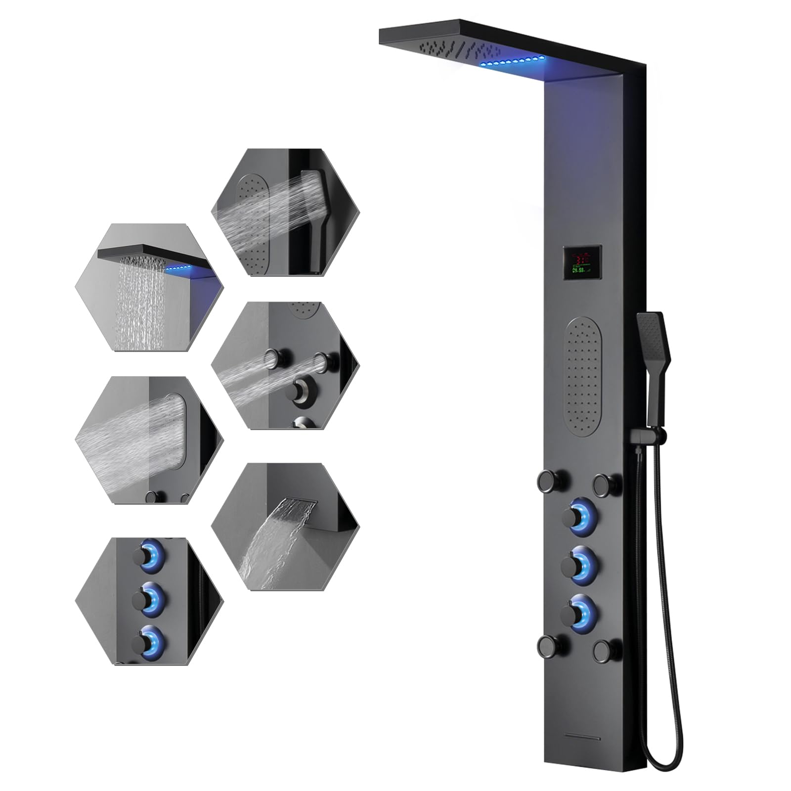 BWE LED Shower Panel System - Black Rainfall Shower Tower with Massage Body Jets, Stainless Steel Wall Mounted Shower Fixture with Temperature Display & Tub Spout - Perfect for Spa-Like Bathroom Experience & Modern Home Upgrade