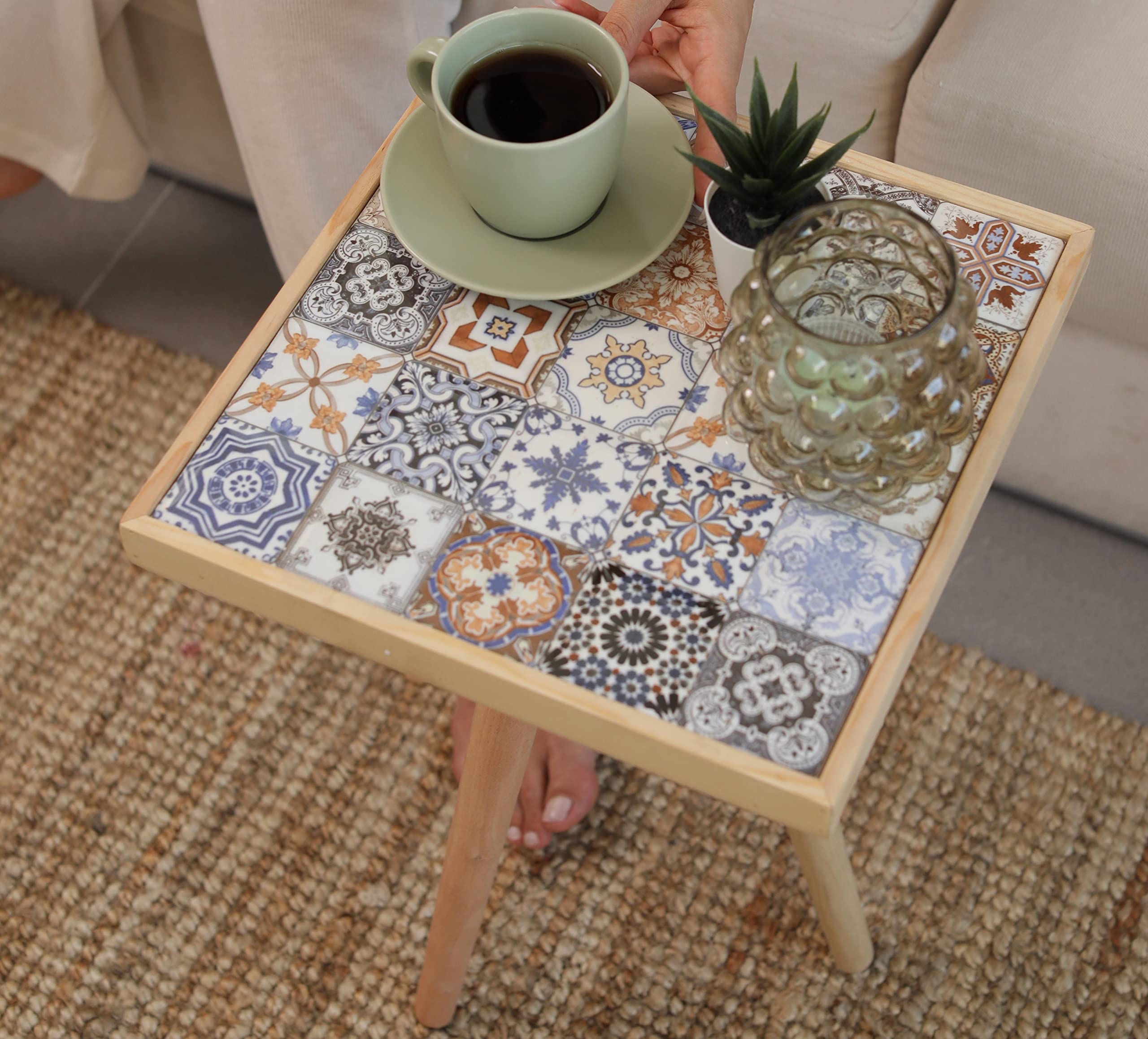 Comfyt Solid Wood Nesting Table Set - Coffee Table, End Table, Nightstand, Bedside Table with Mexican Tile Design for Living Room, Bedroom & Office Decor | Home Essentials & Accent Furniture