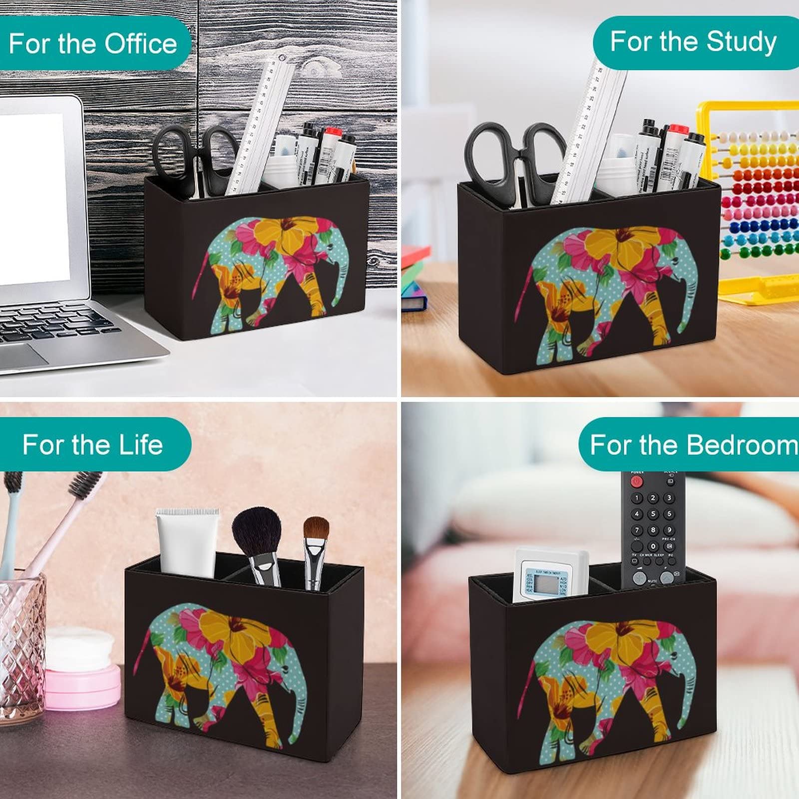 Cartoon Elephant Floral Pen Holder - Leather Desk Pencil Organizer for Office, School & College | Perfect for Storing Pens, Pencils & Makeup Brushes | Stylish Desktop Storage Solution for Students & Professionals