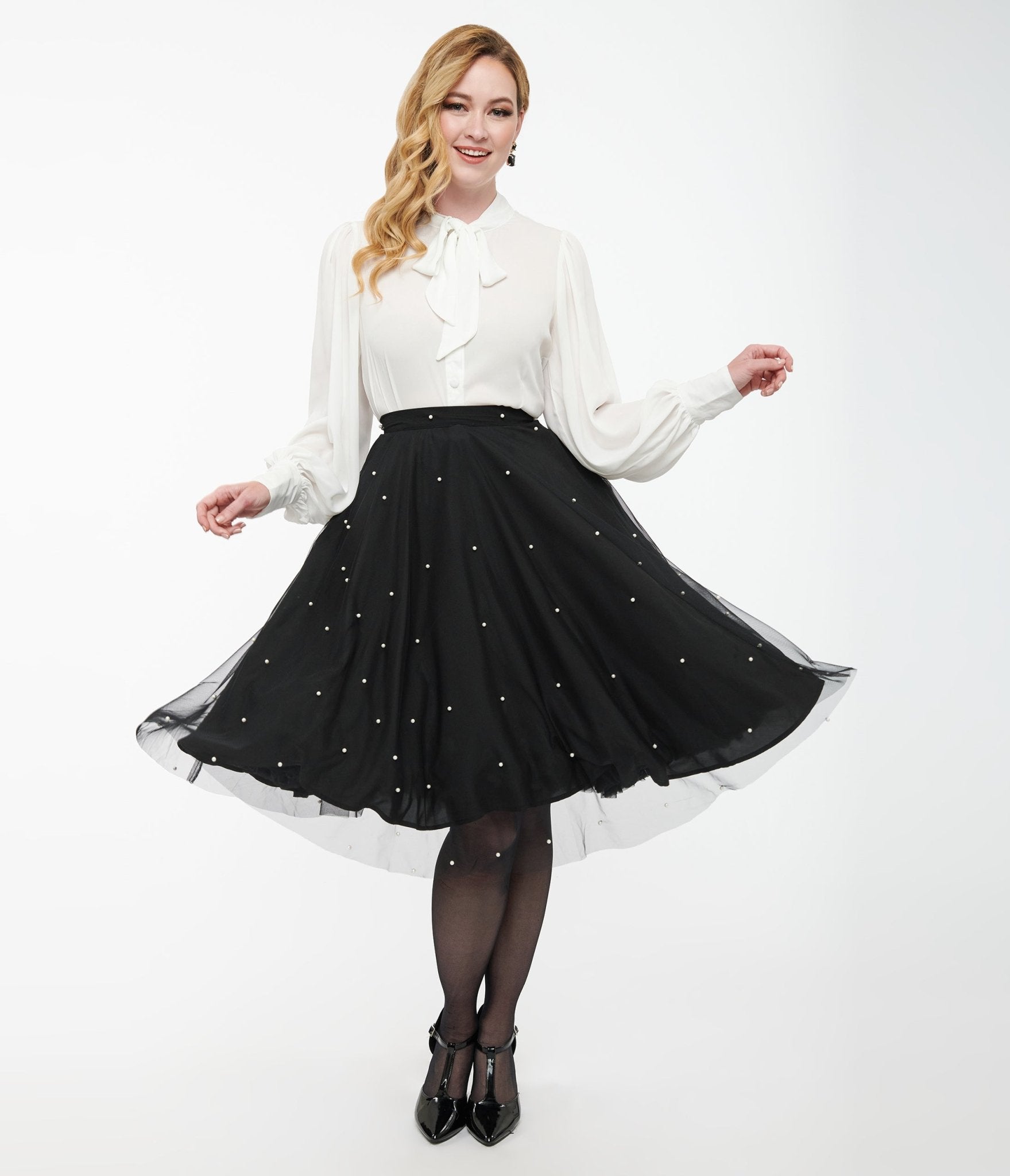 Magnolia Place Black & Faux Pearl Sally Swing Skirt - Elegant Vintage-Inspired A-Line Skirt for Women | Perfect for Weddings, Parties & Special Occasions