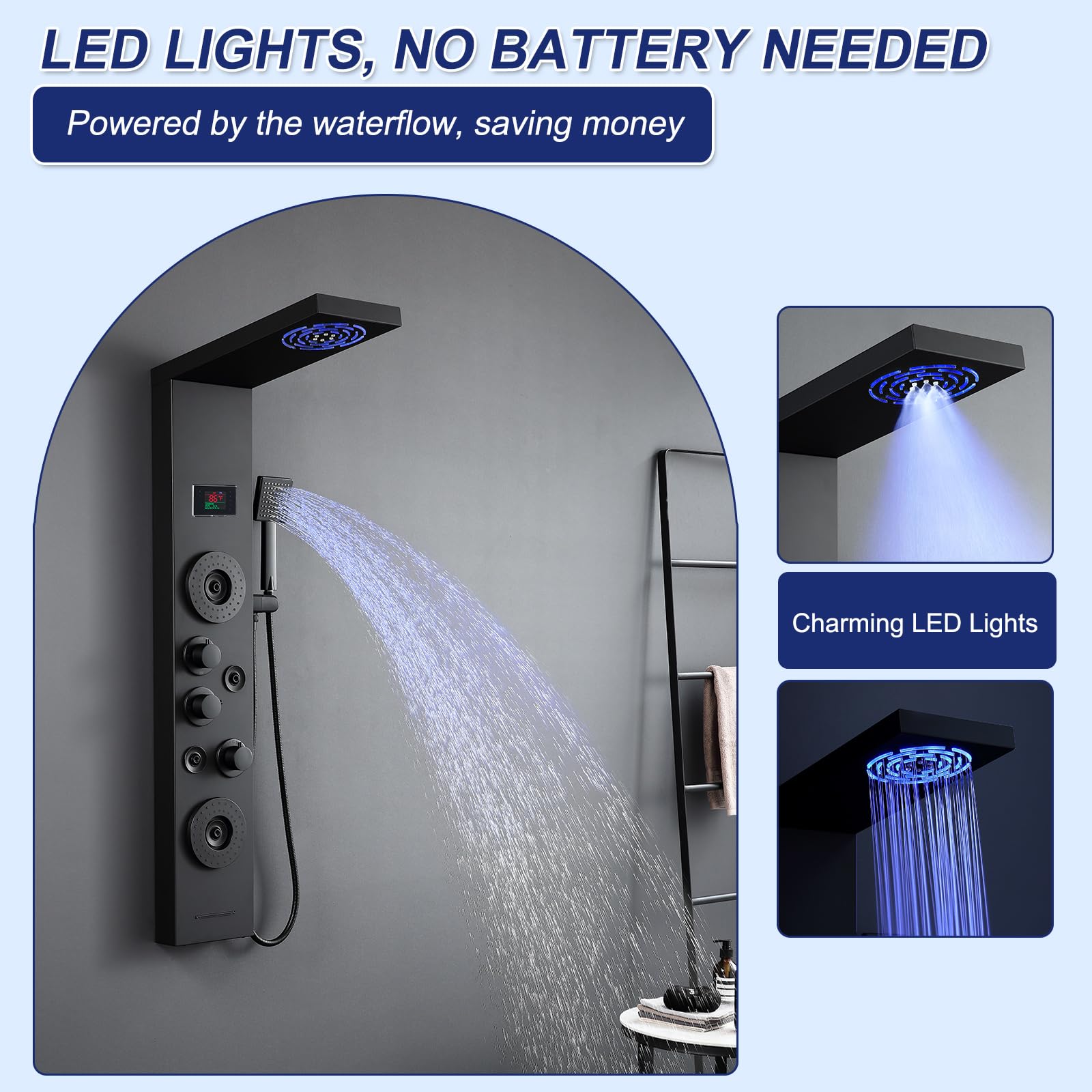 ROVATE 6-in-1 Matte Black LED Shower Panel Tower System with Rainfall Shower Head, Body Jets, Handheld Spray & Digital Temperature Display - High Pressure Shower Column with Tub Spout for Spa-Like Bathroom Experience