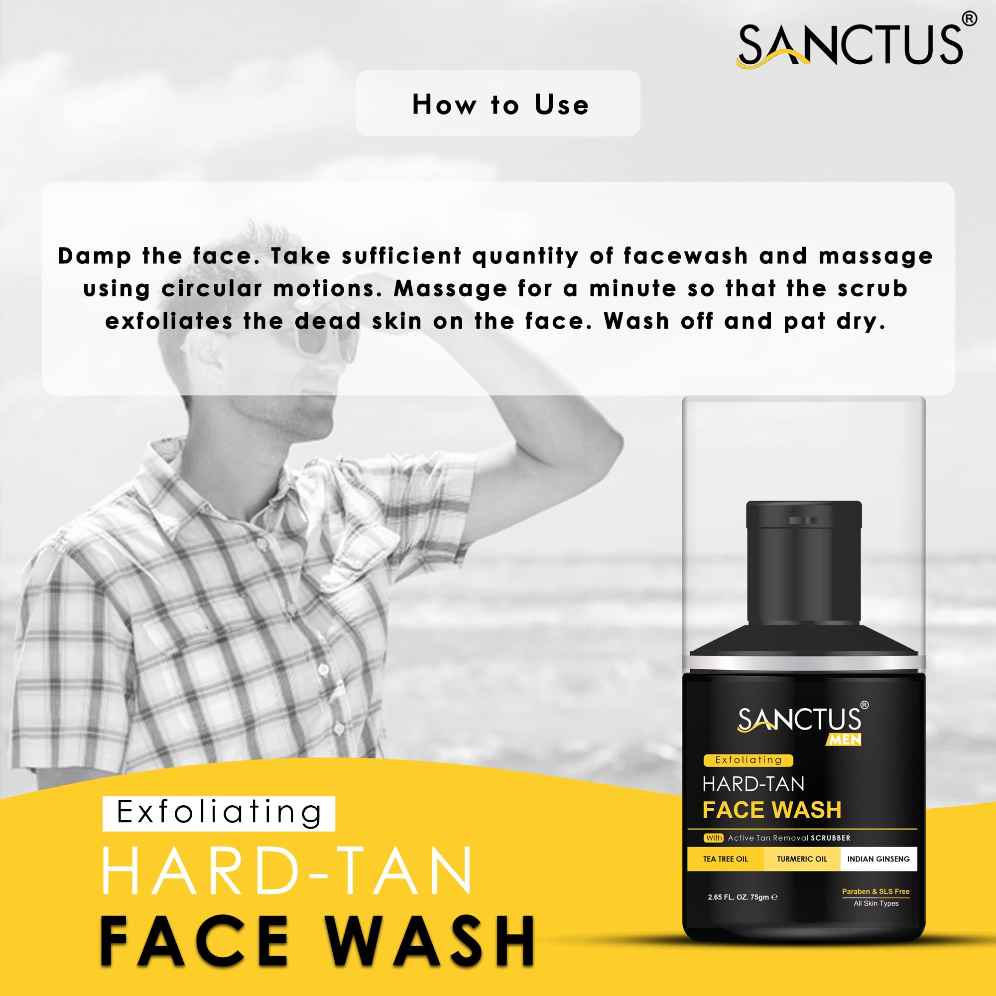 Organic Hard Tan Scrub Face Wash for Men - Insta Whitening & Oil Control with Indian Ginseng, Tea Tree Oil, Amla & Turmeric | Natural Tan Removal | 75g | Perfect for Post-Workout, Travel & Daily Skincare Routine