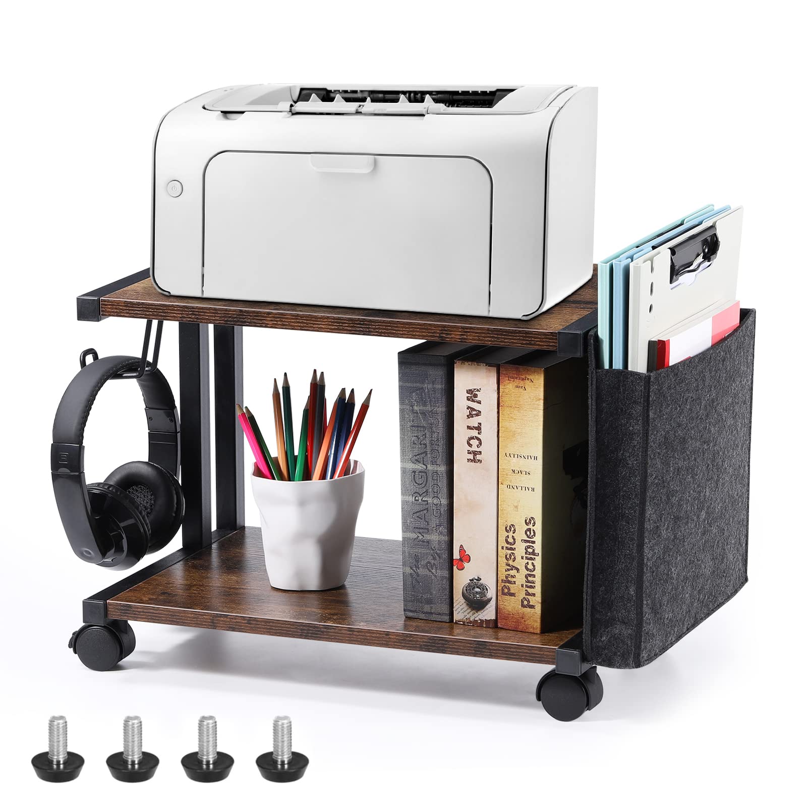2-Tier Rolling Printer Stand with Storage Bag - Under Desk Mobile Printer Table for Fax Machine, Scanner & Files - Compact Desktop Shelf with Wheels (Brown) - Perfect for Home Office & Small Workspaces