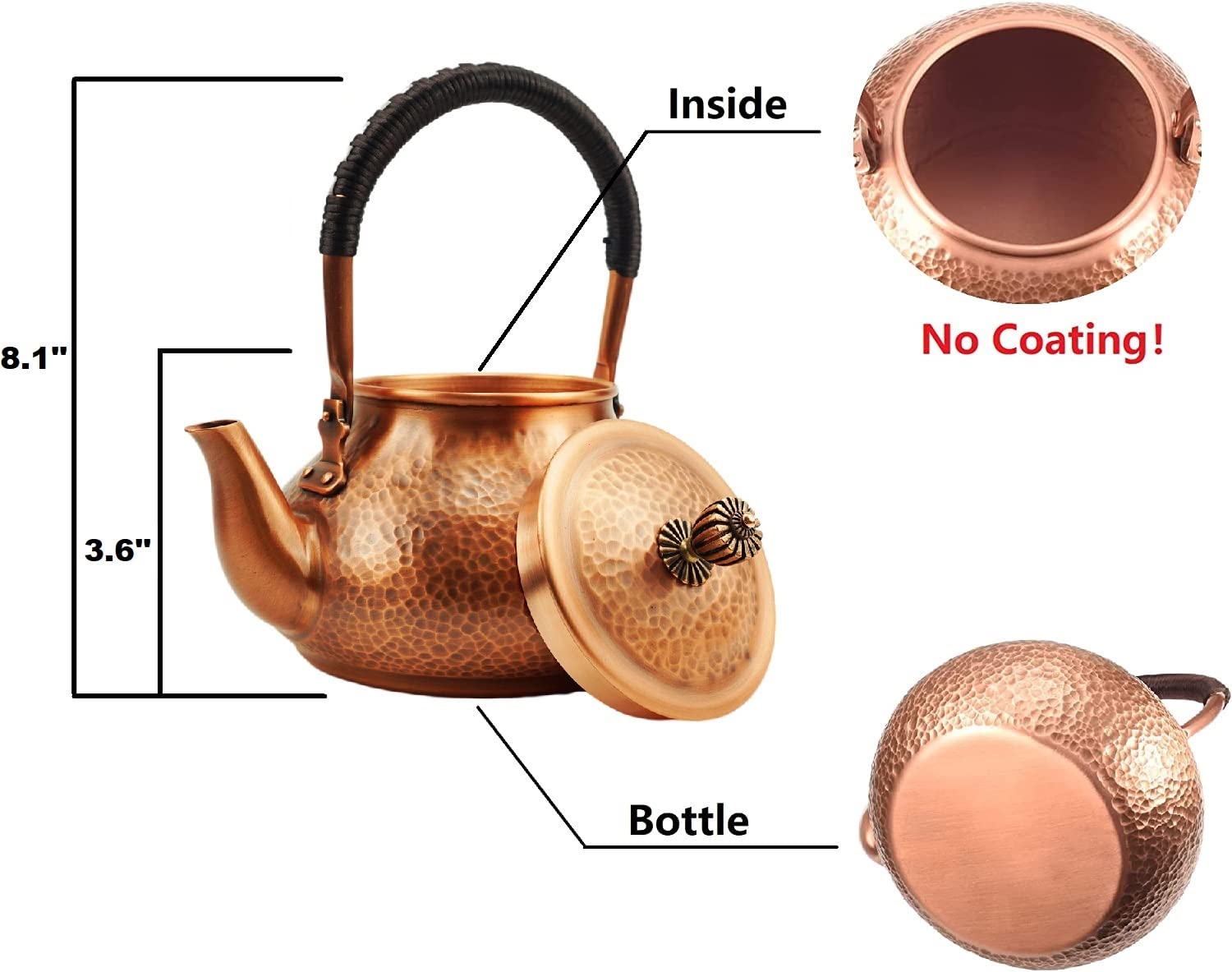 Handmade Solid Copper Tea Pot Kettle - 1300ml Hammered Stovetop Teapot for Gas & Electric Stoves - Pure Copper Teapot for Loose Leaf Tea, Chai & Herbal Brewing - Perfect for Home, Office & Tea Ceremonies