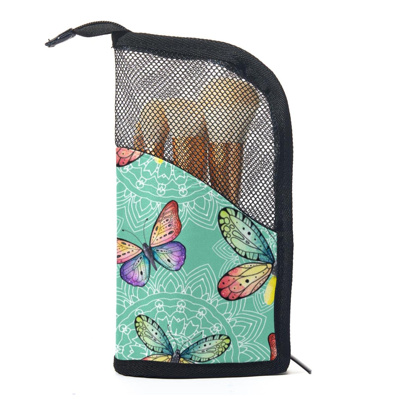 **12-Piece Makeup Brush Organizer Bag with Mandala Colored Butterflies - Portable Makeup Brush Holder Case for Travel & Home Storage**