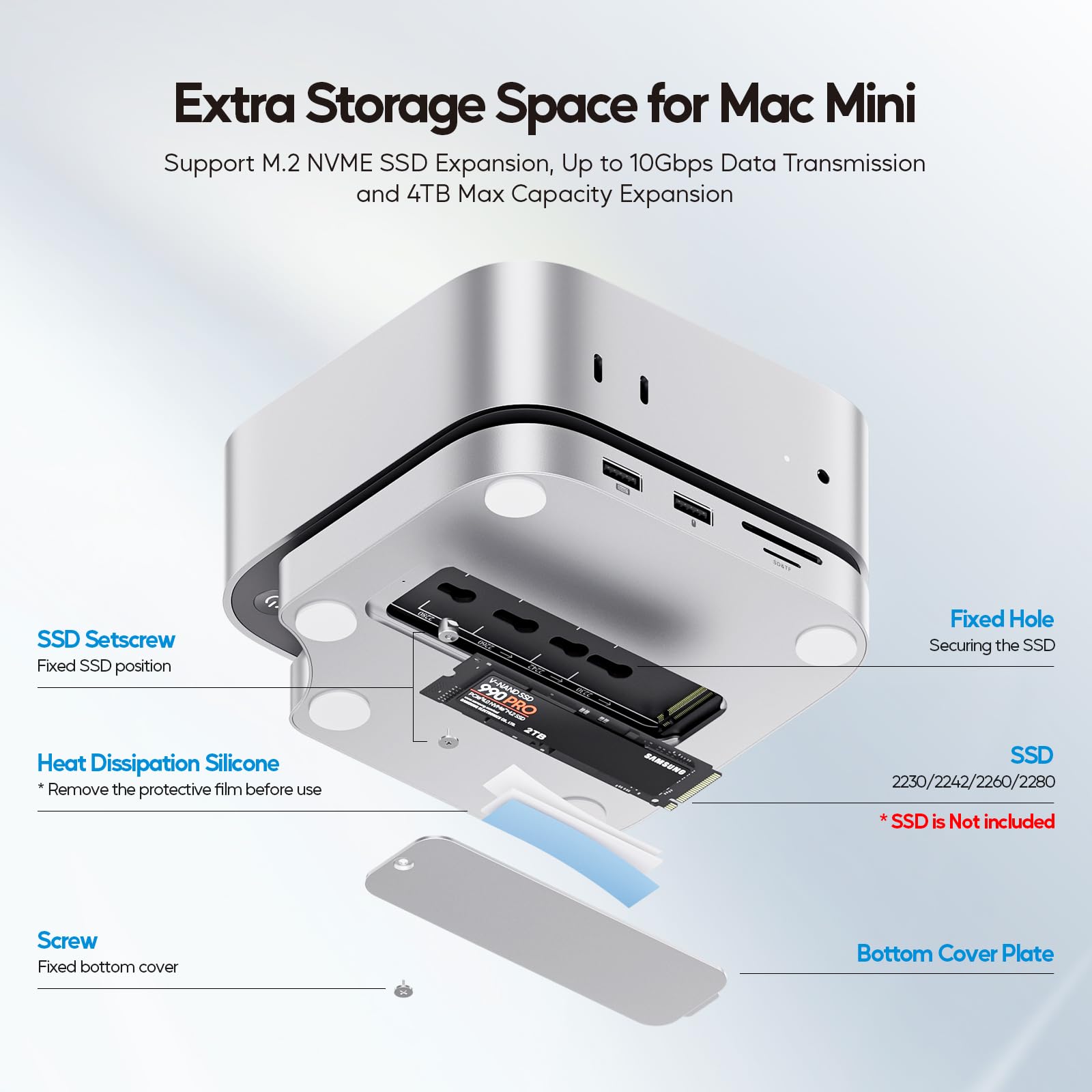 Mac Mini M4 Hub Stand with 4TB M.2 SSD Enclosure (SSD Not Included) - Mac Mini M4/M4 Pro Dock with HDMI 4K 60Hz, USB C Hub for 2024 Mac Mini - 3 USB A 2.0 Ports, SD/TF Card Reader, 3.5mm Audio Jack - Perfect for Home Office, Gaming & Media Center Setup