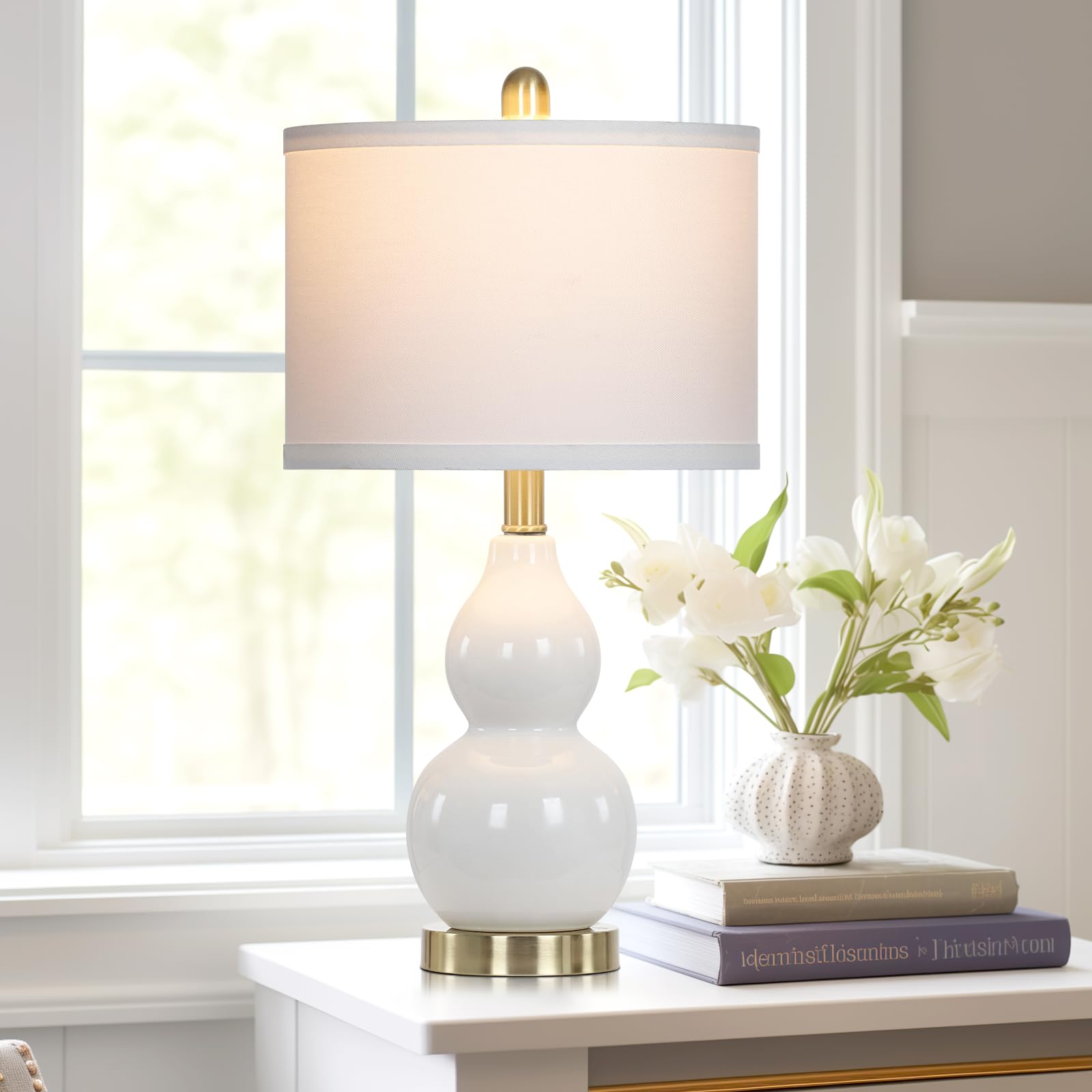 Modern White Double Gourd Ceramic Table Lamps Set of 2 - Contemporary Nightstand Lamps for Bedroom & Living Room with Included Bulb | Perfect for Bedside Lighting, Home Decor, and Cozy Ambiance