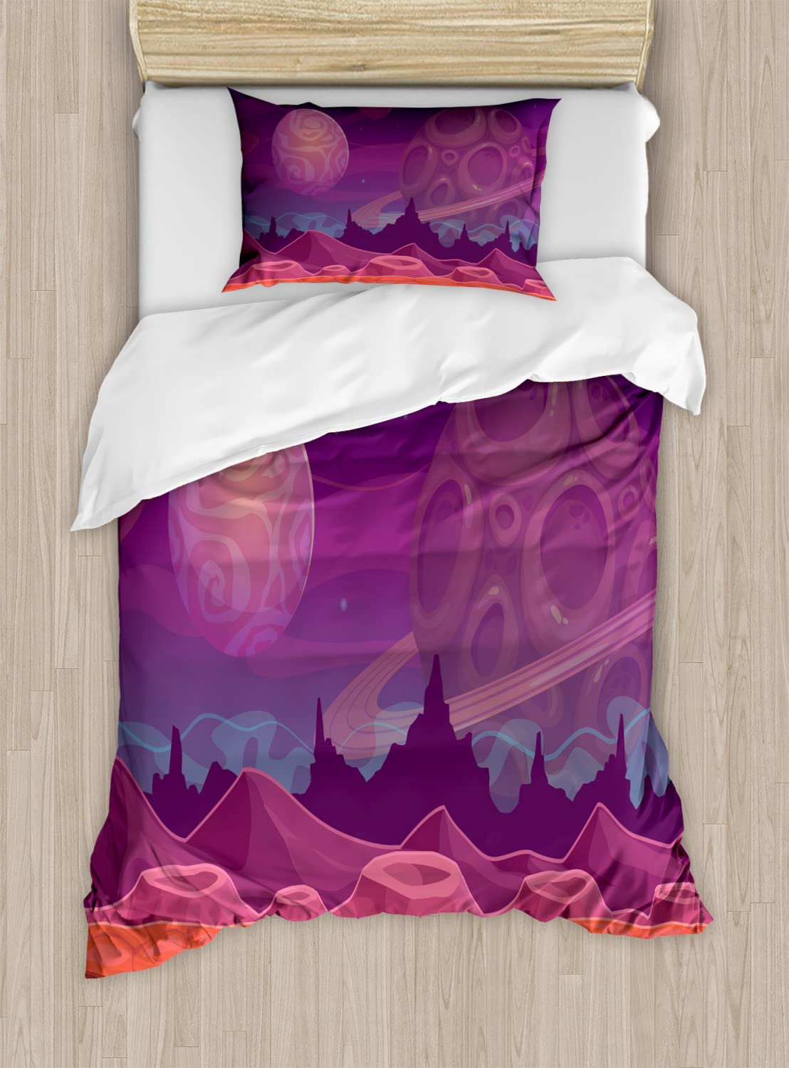 Ambesonne Fantasy Twin Size Duvet Cover Set - Purple Alien Dreamy Landscape with Craters & Planets, 2-Piece Bedding Set Includes 2 Duvet Covers & 2 Pillowcases, Vibrant Purple Vermilion Color - Perfect for Kids' Rooms, Space-Themed Bedrooms & Sci-Fi Decor