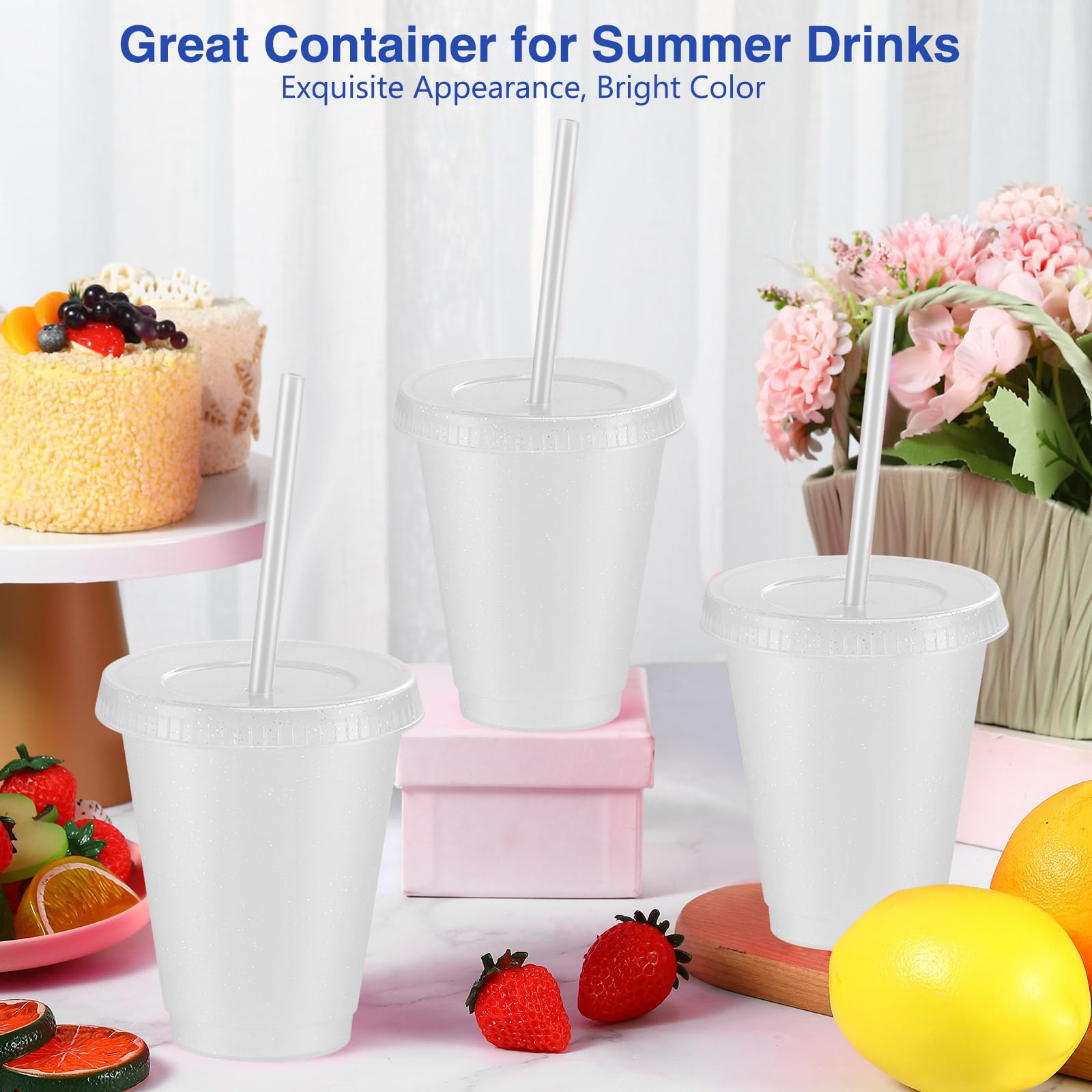 15-Pack Reusable 16oz Glitter Plastic Cups with Lids & Straws - Clear Travel Tumblers for Iced Coffee, Water & Party Drinks | Dishwasher Safe BPA-Free Cups for Home, Office & Outdoor Events