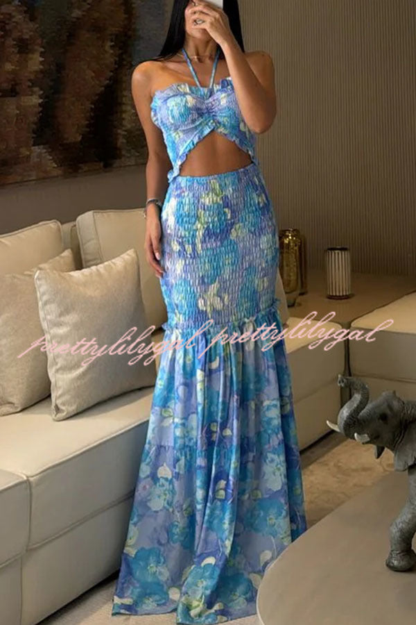 Vivica Floral Smocked Cutout Halter Fishtail Stretch Maxi Dress - Elegant Summer Beach Wedding Guest Dress for Women
