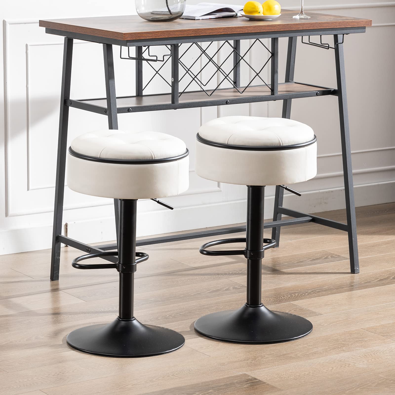 Round White Faux Leather Bar Stools Set of 2 - Adjustable Height 360° Swivel Counter Stools with Metal Frame - Perfect for Kitchen Island, Dining Room & Living Room Bar Seating