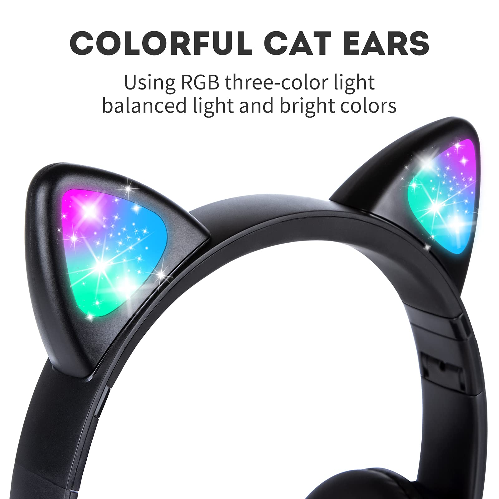 Wireless Cat Ear LED Bluetooth Headphones for Kids - Foldable Over-Ear Adjustable Headset with Microphone, Stereo Sound, Light Up Feature - Perfect Gift for Cat Lovers (Black) - Great for Gaming, Music, Online Classes & Travel