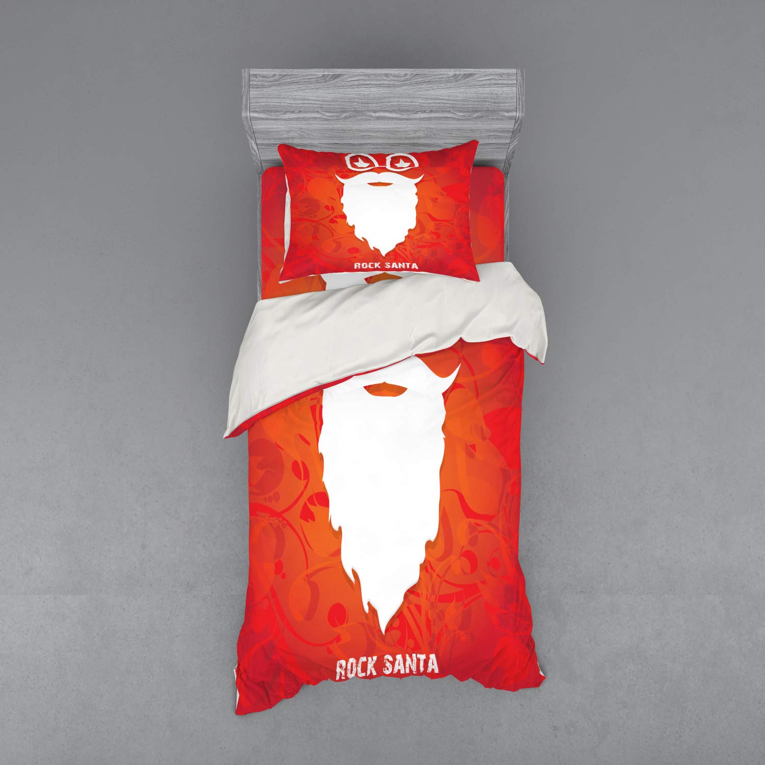 Ambesonne Indie Duvet Cover Set - Rock Santa Claus Christmas Theme with Beard Silhouette & Star Glasses | 3-Piece Bedding Set Includes Sham & Fitted Sheet | Twin XL Size in Red Orange White | Perfect for Holiday Bedroom Decor & Christmas Gift Ideas