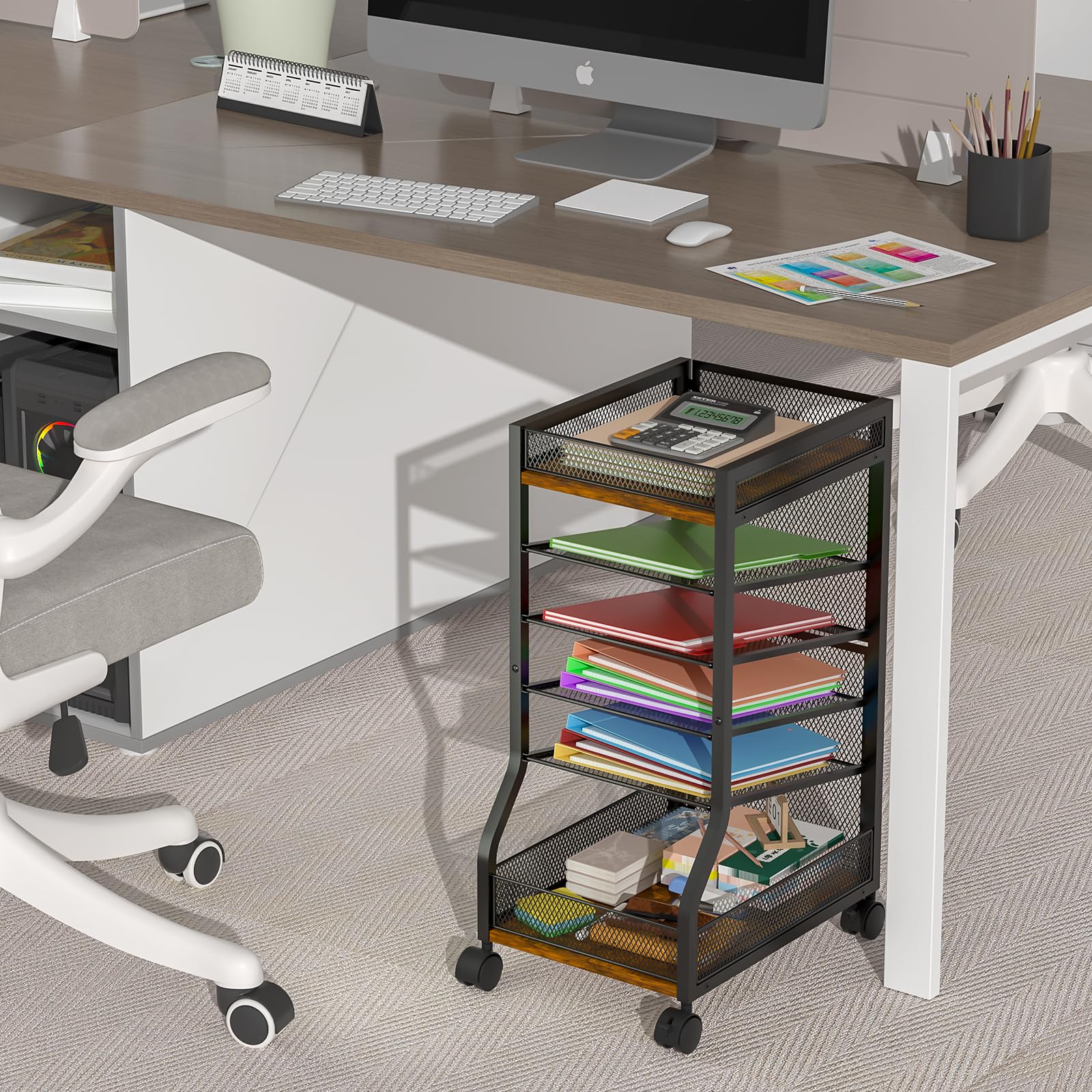 Keomaisyto 6-Tier Standing File Organizer - Slim Rolling File Cart with Wheels & Sliding Mesh Paper Trays | Under Desk File Holder for Office, Home & Study Organization | Perfect for Document Storage, Mail Sorting & Workspace Decluttering