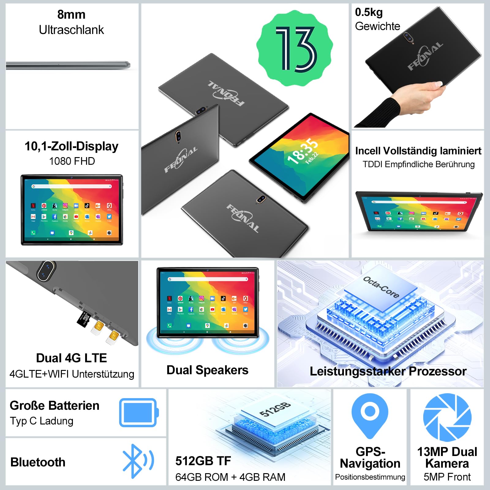 2025 Latest 10 Inch Android 13 Tablet with 4G LTE, 3-in-1 Bundle (Keyboard + Mouse + Stylus), 64GB ROM + 512GB Expandable Storage, Octa-Core Processor, 1080P FHD Display, 13MP Camera, 6000mAh Battery - Perfect for Work, Study, and Entertainment On-The-Go
