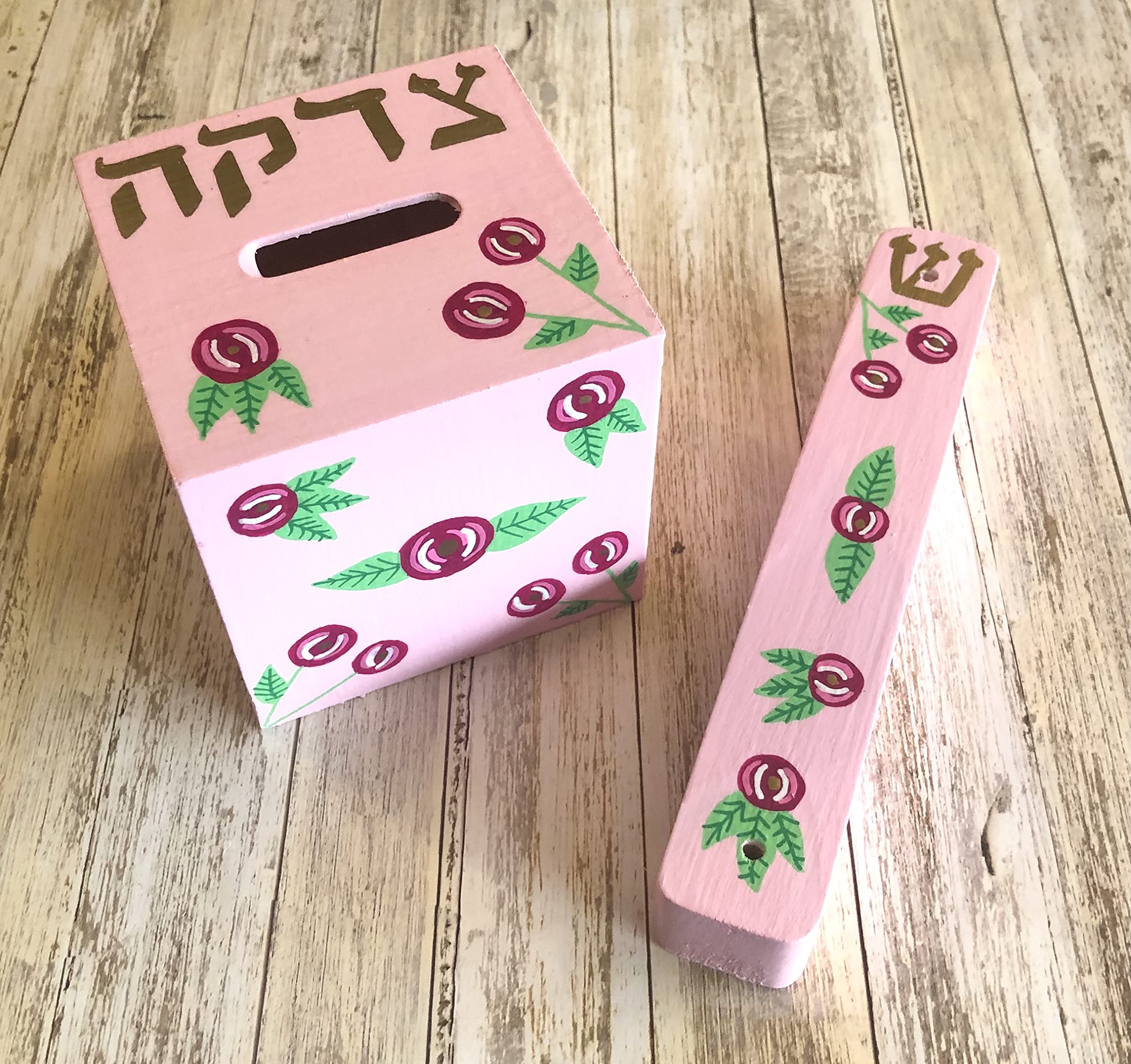 **Hamsa Mezuzah Tzedakah Box - Jewish Baby Naming Gift Set with Pink Roses Design (Includes Kosher Scroll) - Perfect for Jewish Celebrations, Housewarming, and Spiritual Home Decor**
