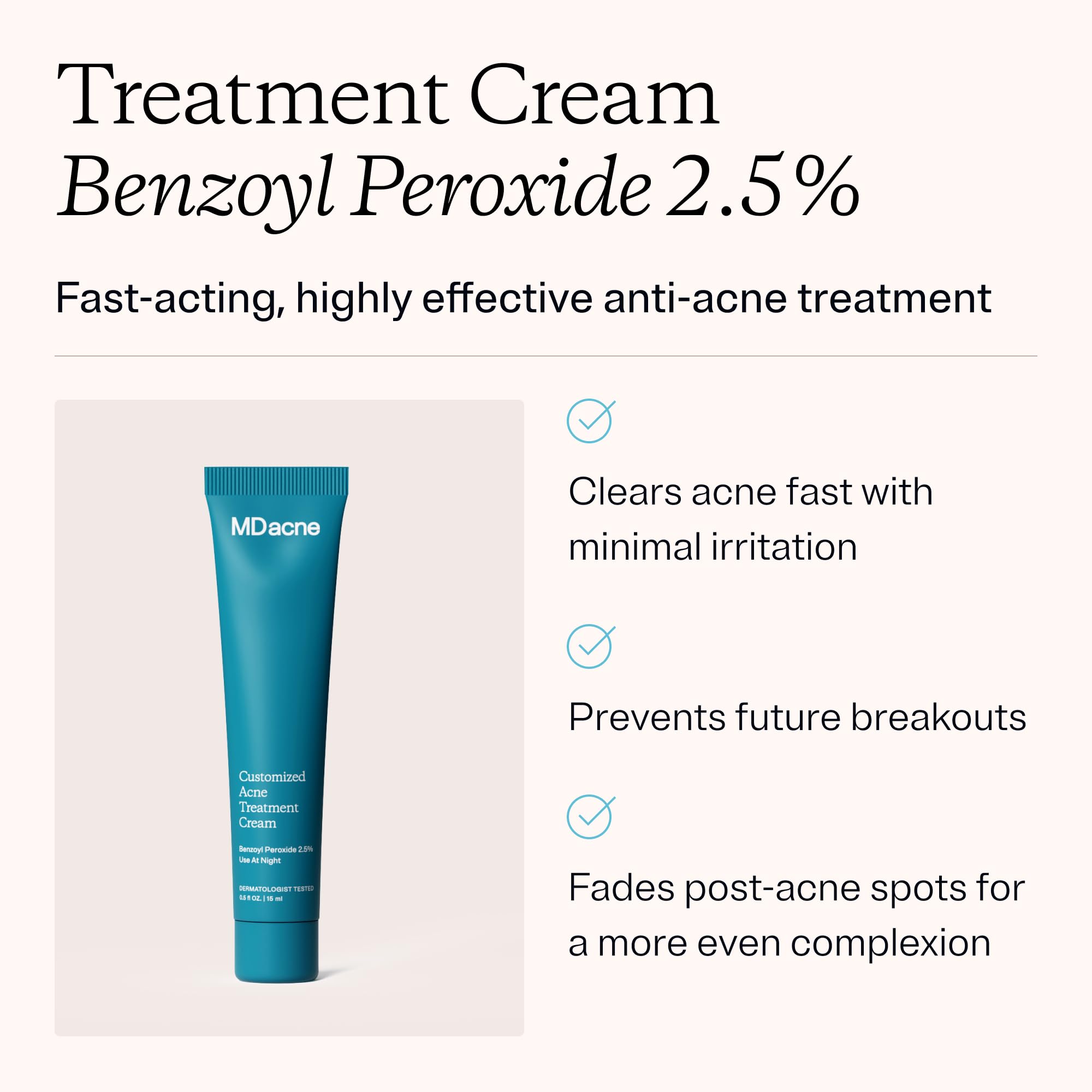 MDacne Acne Treatment Cream - 2.5% Benzoyl Peroxide for Clear Skin | Unclogs Pores, Reduces Blemishes | Plant-Based Formula for Sensitive Skin | Daily Face Care for Teens & Adults