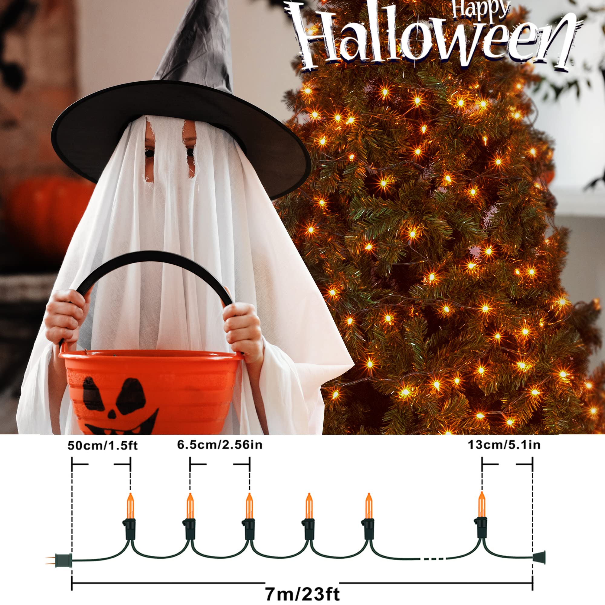 2-Pack 13ft Orange Halloween String Lights - 50 LED Waterproof Fall Lights with Green Wire, UL Certified 120V Plug - Perfect for Spooky Party Decor, Thanksgiving, Outdoor & Indoor Halloween Lighting