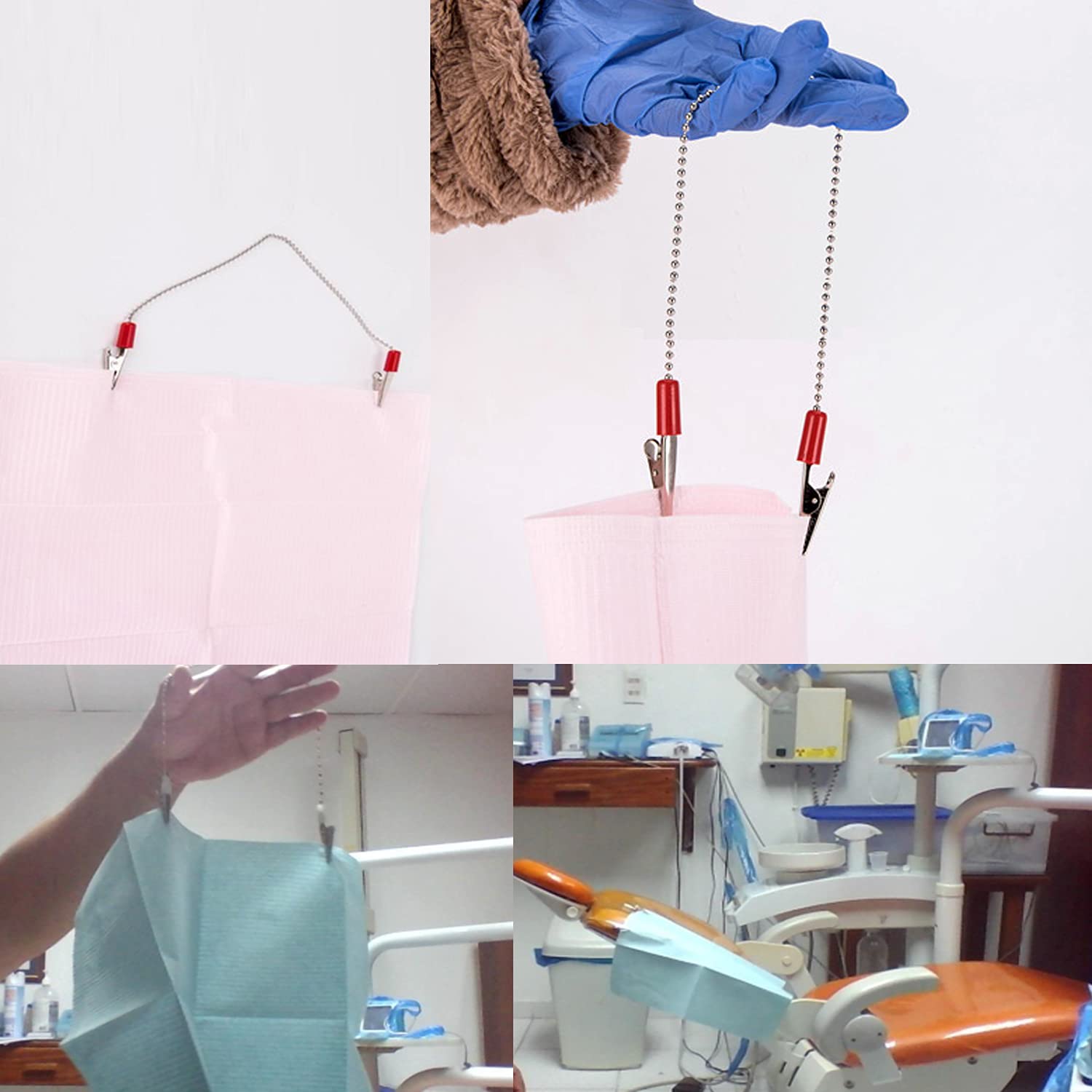 4PCS Dental Bib Holder Clips with Ball Chain - Disposable Napkin Clips for Dental Offices, Salons & Tattoo Parlors - Secure & Hygienic Patient Bib Fasteners