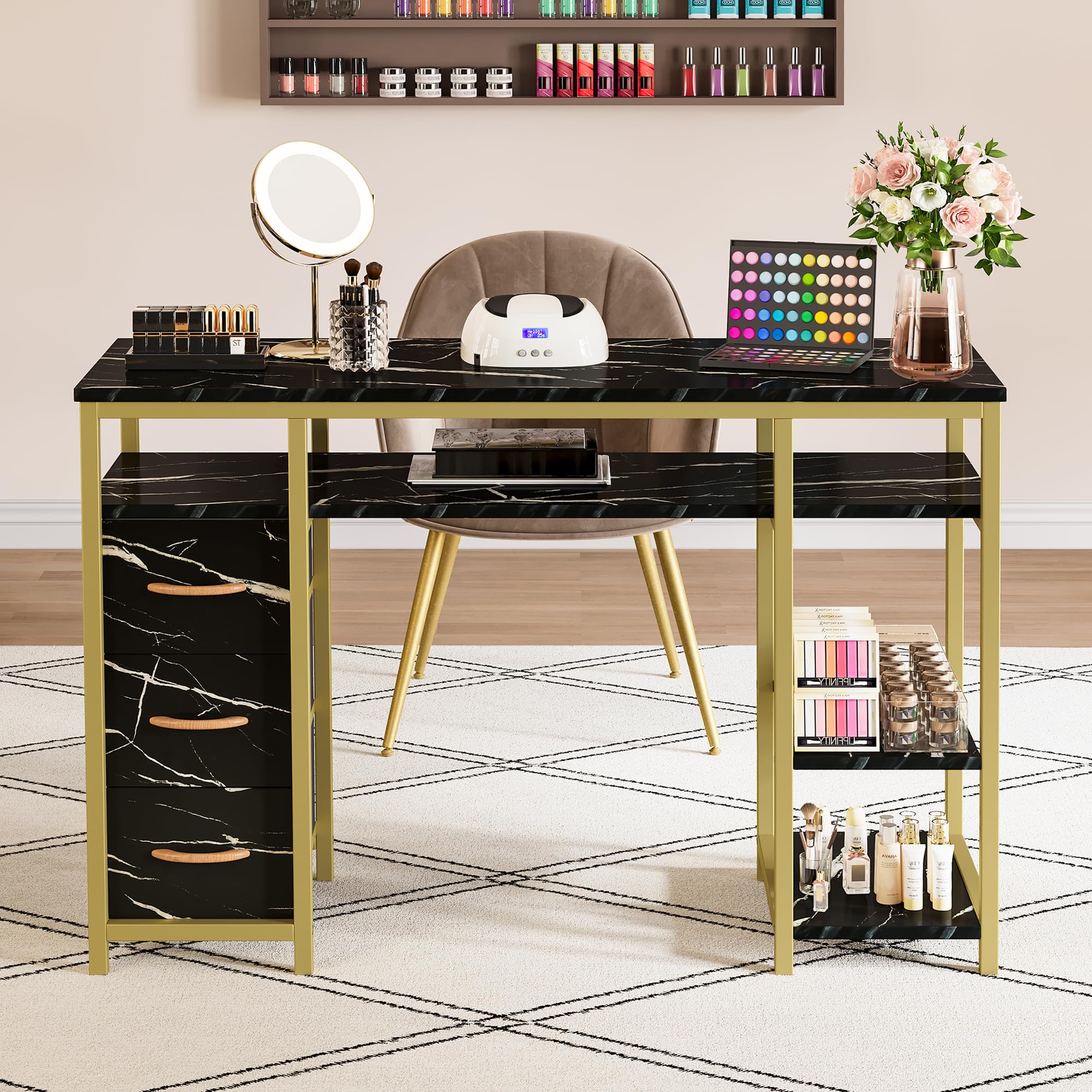 DWVO Professional Nail Desk with 3 Drawers - Marble Texture Manicure Station, Acetone-Resistant Nail Tech Table for Salon & Spa - Perfect for Nail Artists & Beauty Professionals (Black) | Ideal for Nail Extensions, Gel Polish Application & Pedicure Services