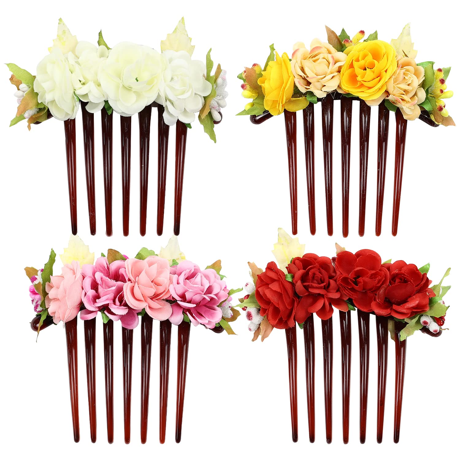 4 Pack Rose Floral Hair Clips - Plastic Wedding Hair Combs for Women, Brides, Bridesmaids & Flower Girls - Elegant Side Hair Slides, Barrettes & Bun Accessories - Perfect for Bridal, Prom & Special Occasions