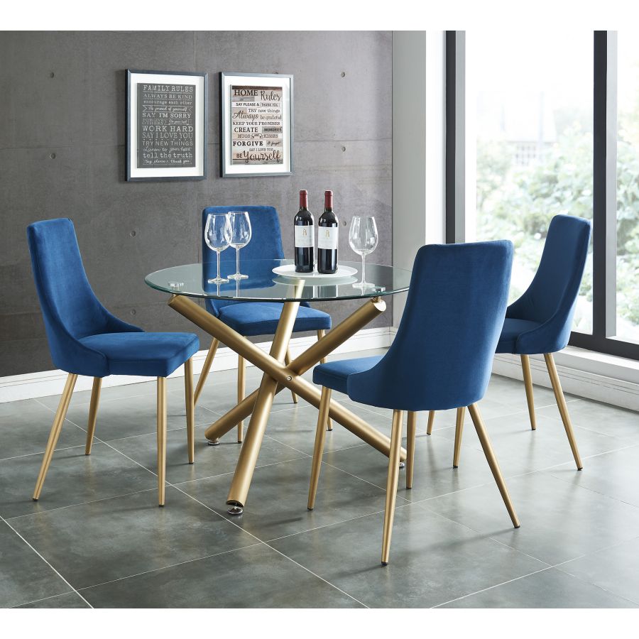 Carmilla 5-Piece Dining Set - Aged Gold Finish with Blue Upholstered Chairs | Modern Kitchen & Dining Room Furniture for Small Spaces | Perfect for Breakfast Nook, Apartment, or Cozy Home Decor