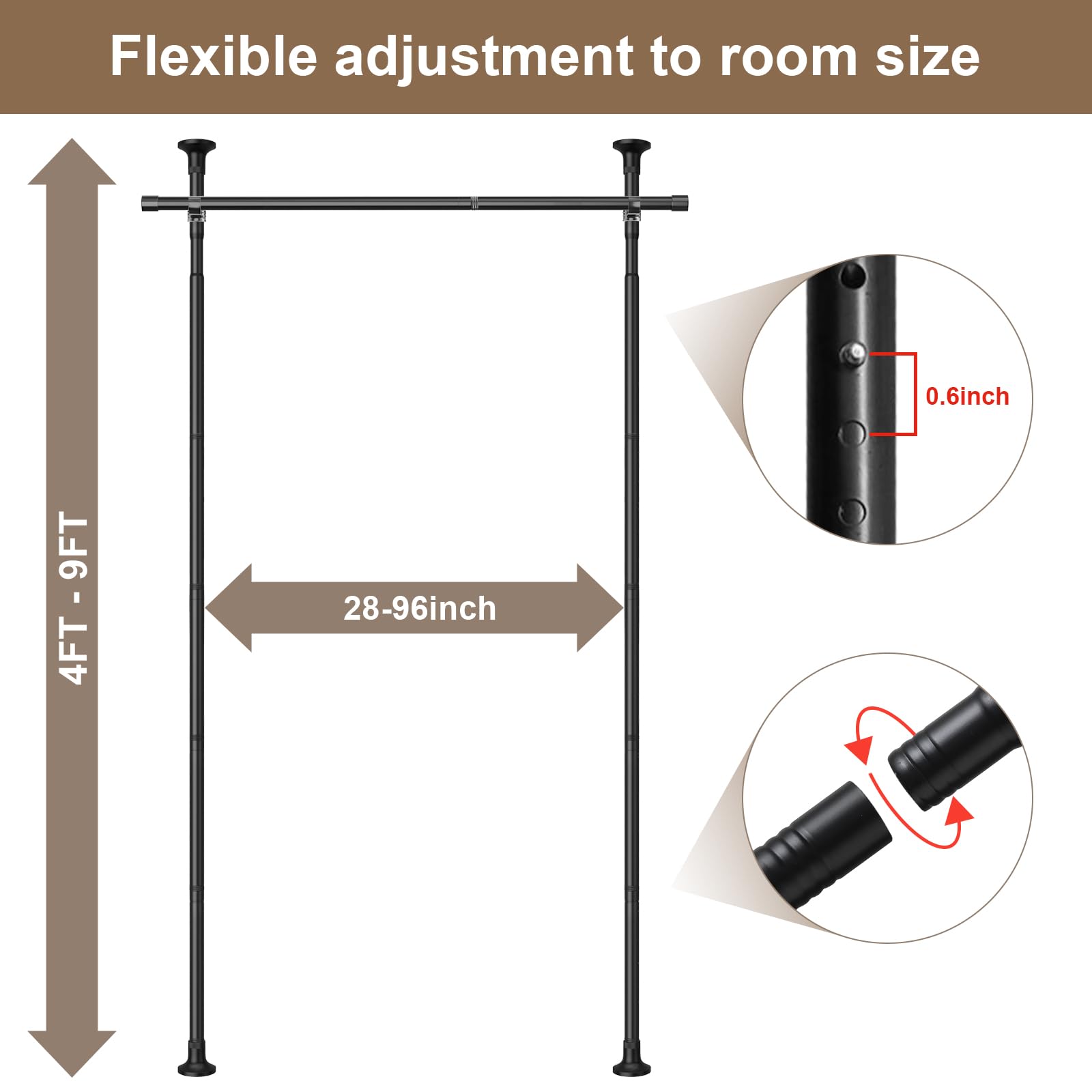 No Drill Room Divider Curtain Rod - Heavy Duty Adjustable Tension Rod 28-96