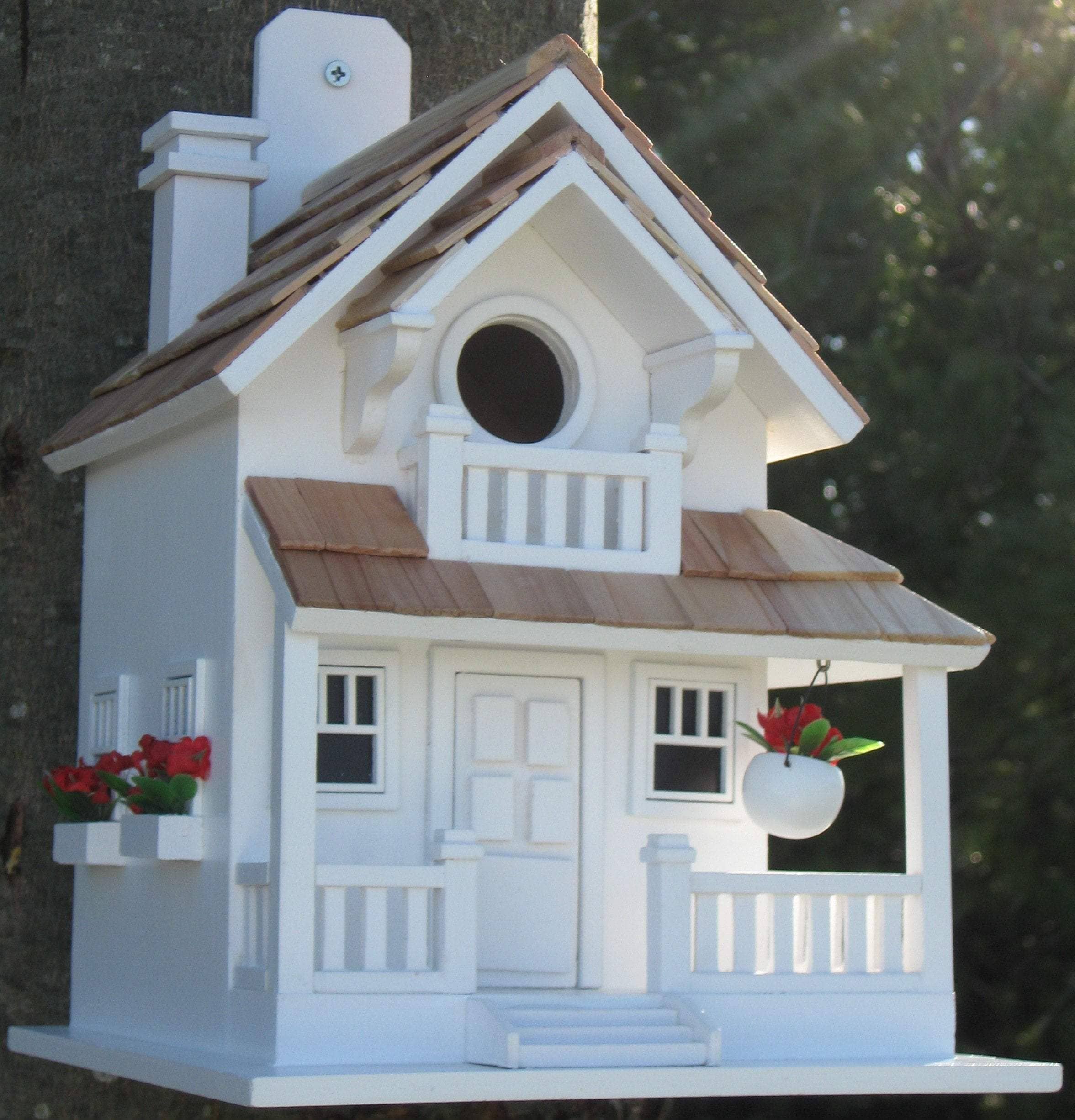 White Veranda Bird House - Handcrafted Wooden Birdhouse for Outdoor Garden Decoration, Attracts Wild Birds - Perfect for Backyard, Patio, and Garden Decor
