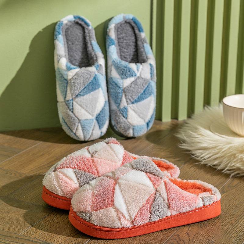 Cozy Geometric Plush Indoor Slippers for Women & Men - Soft Warm House Shoes for Winter, Home, Office & Relaxation