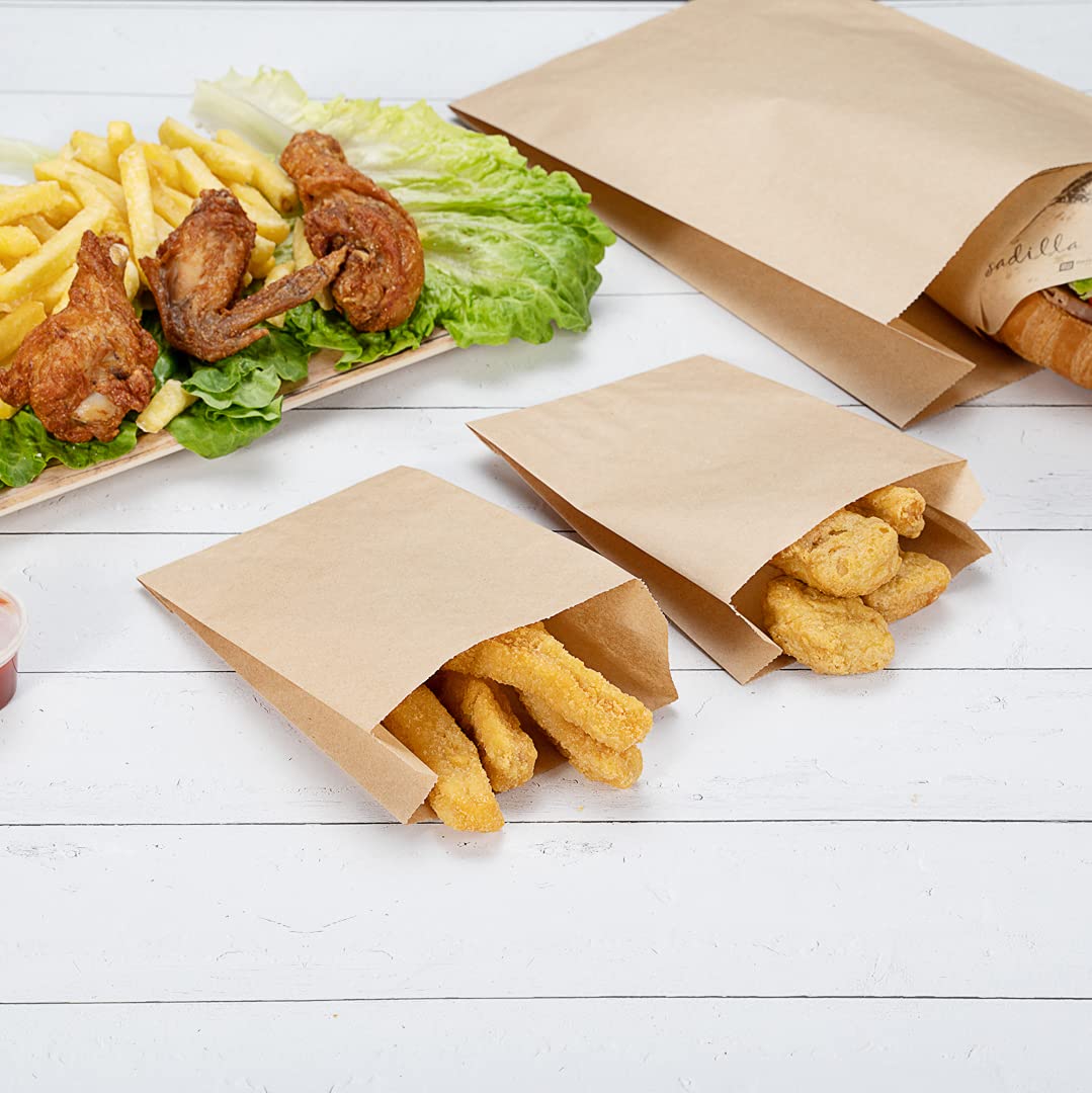 100-Pack 4.3x1.6x6.3 Inch Brown Kraft Paper Snack Bags - Greaseproof Disposable Food Bags for French Fries, Popcorn, Cookies & More | Perfect for Restaurants, Movie Nights & Takeout