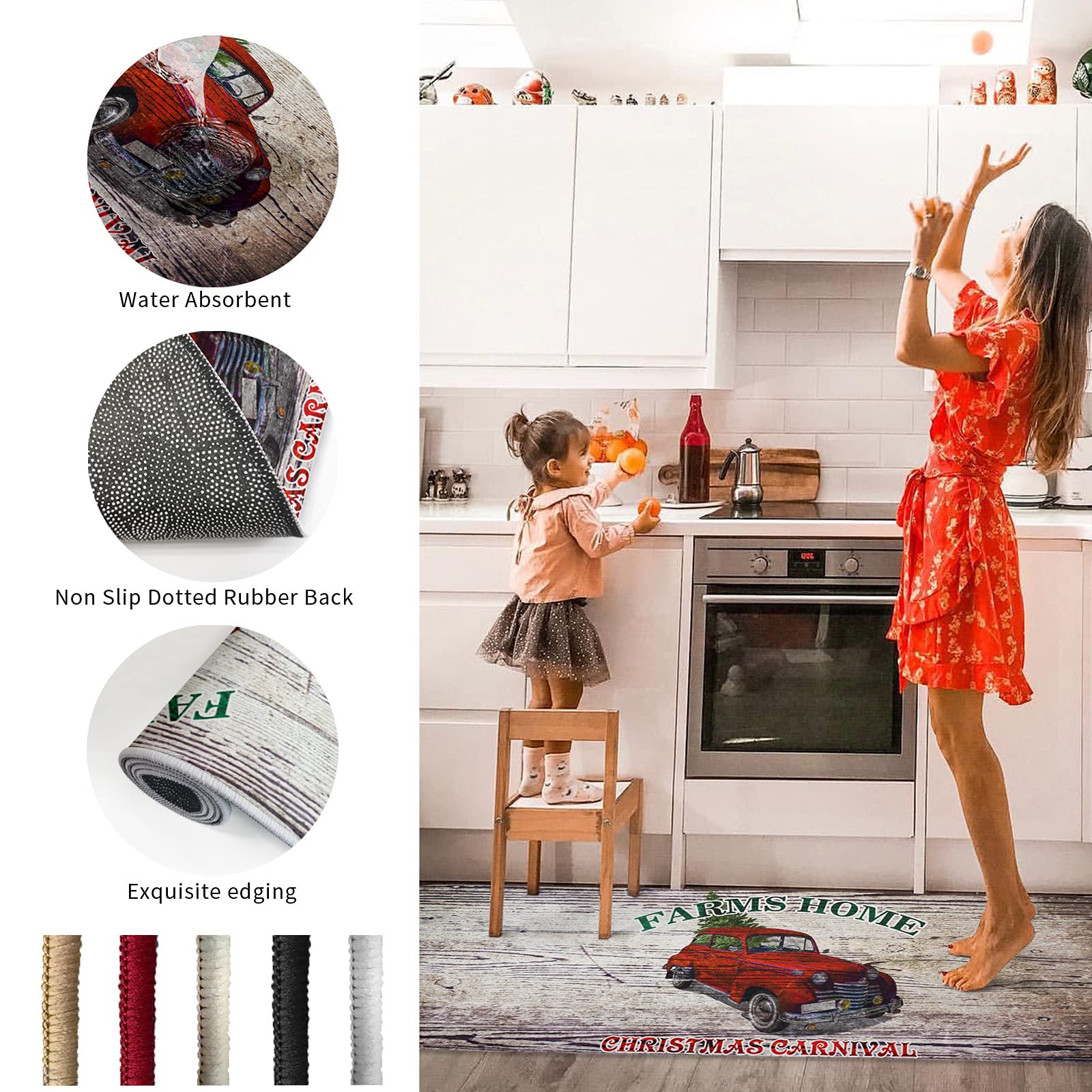 Farmhouse Christmas Kitchen Runner Rug - Non-Slip Red Truck & Tree Design Rustic Wooden Board Floor Mat for Laundry, Bedside, Bathroom, Bedroom - Set of 2 - Perfect for Holiday Decor & Cozy Home Accents