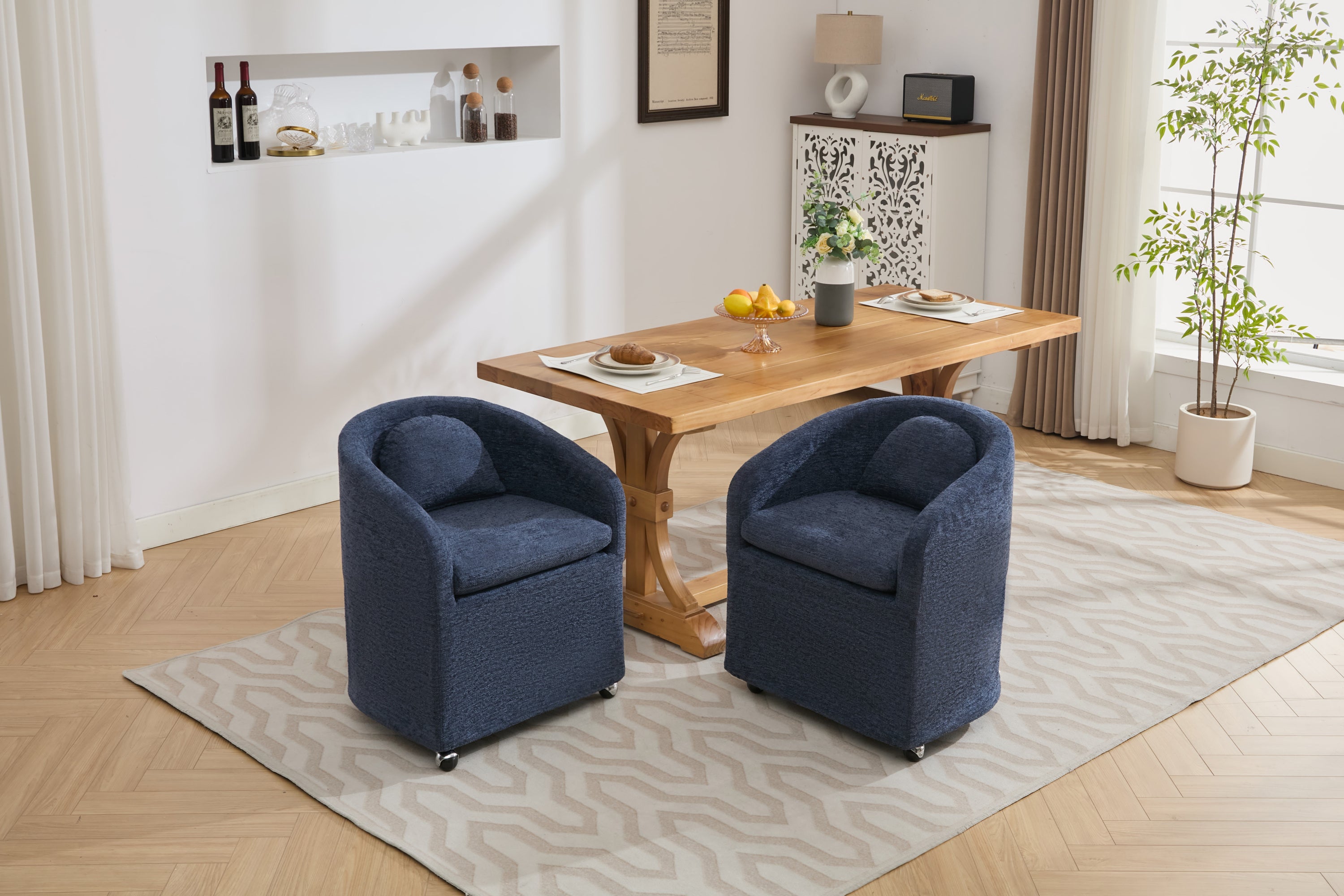 5-Piece Chenille Fabric Dining Armchair Set with Removable Back Cushion & Universal Wheels - Navy Blue - Comfortable Upholstered Chairs for Kitchen, Dining Room & Office Use
