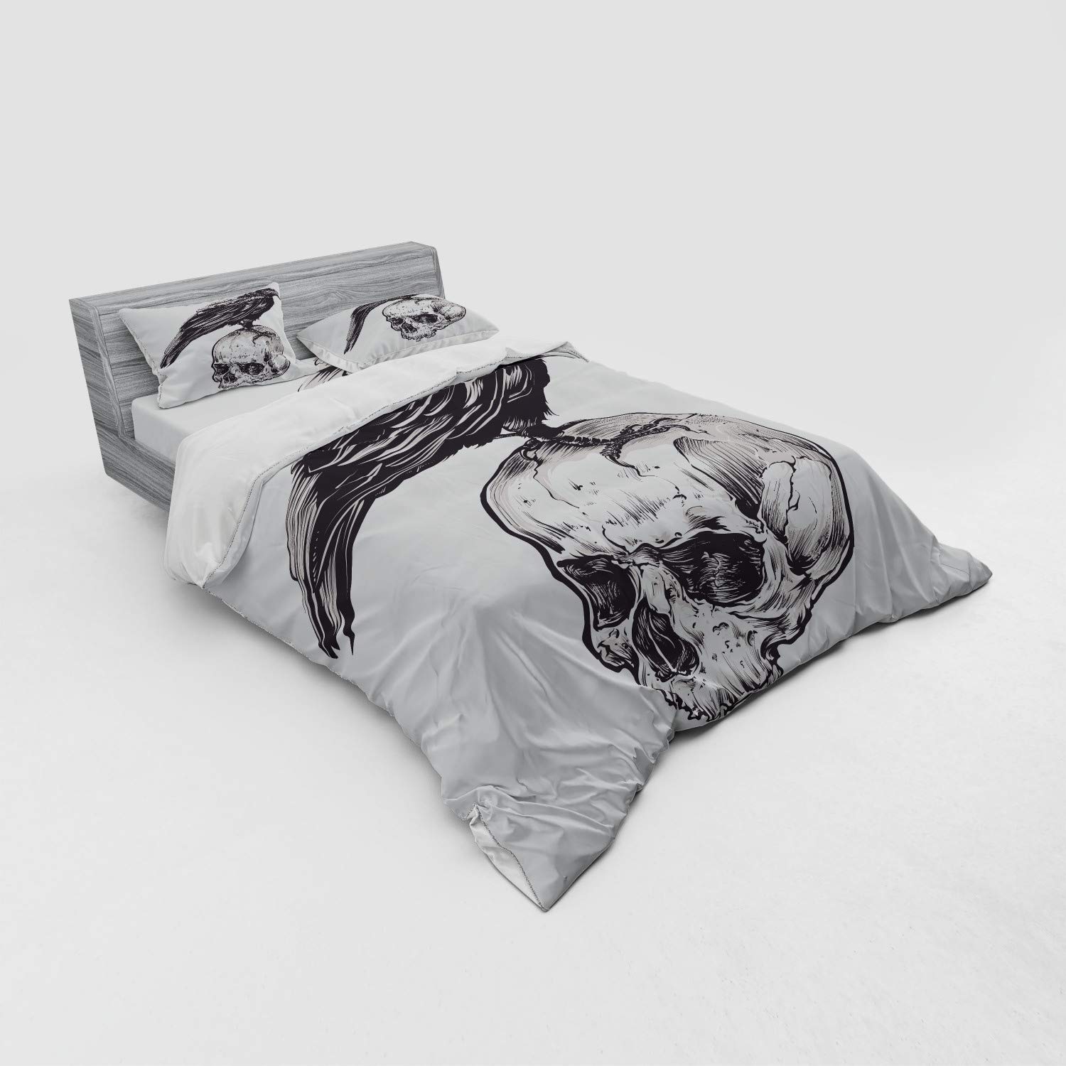 Ambesonne Scary Bedding Set - Crow on Human Skull Sketch Design, 4-Piece Duvet Cover Set with Shams & Fitted Sheet, Queen Size, Charcoal Grey & White - Perfect for Halloween Decor, Horror Movie Nights & Gothic Bedroom Themes