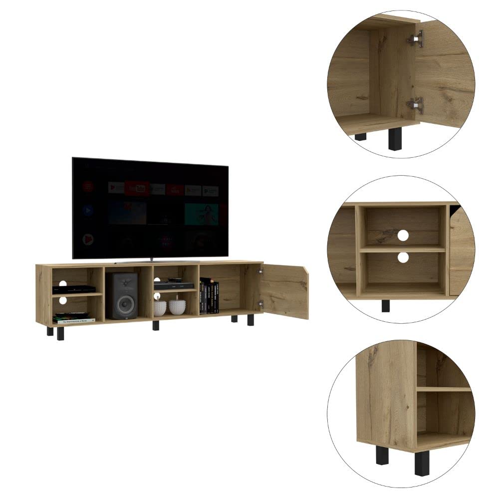 70 Inch TV Stand with 4 Open Shelves - Light Oak Wood Media Console for Living Room, Bedroom & Home Theater
