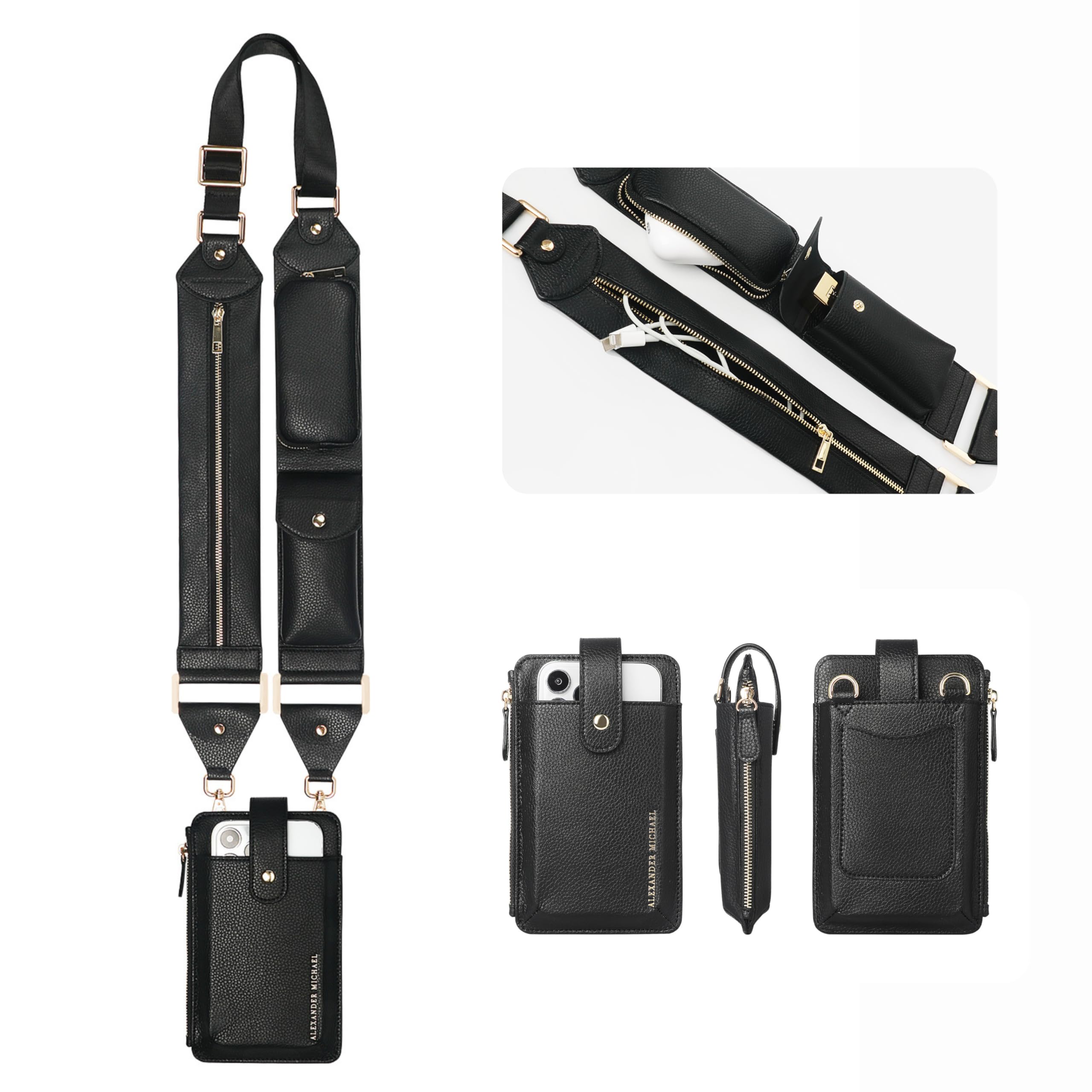 Alexander Michael Multi-Purpose Strap & Universal Phone Holder Set - Compatible with All Smartphones, Purses, Handbags & Luggage (Black, One Size) | Perfect for Travel, Shopping & Everyday Use