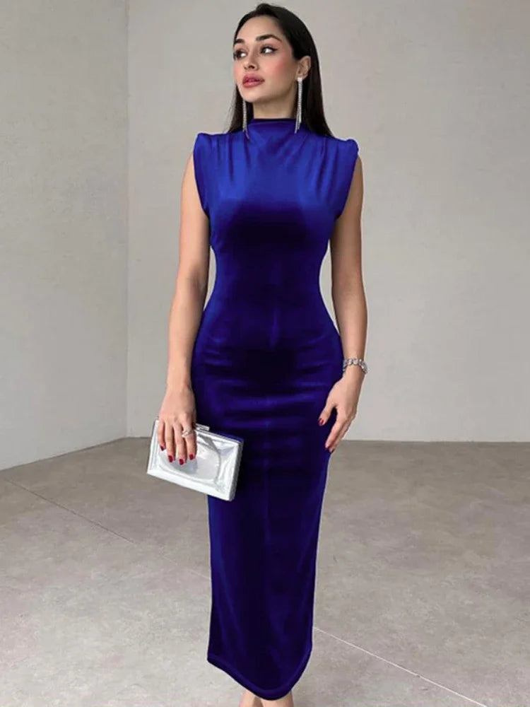 Elegant Velvet Back Split Sleeveless Bodycon Long Dress for Women - Red & Black Formal Evening Gown for Birthday Parties, Date Nights & Special Occasions
