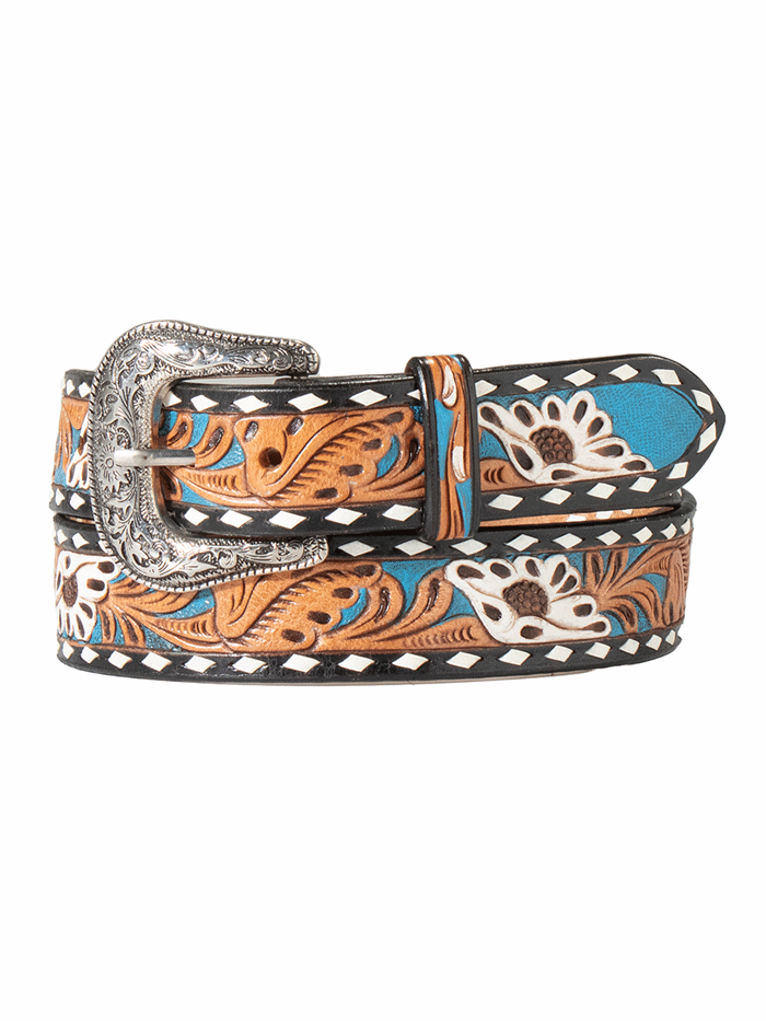 Nocona Women's Hand Tooled Floral Inlay Leather Belt - Black & Blue Western Style Belt for Cowgirl Outfits & Country Fashion