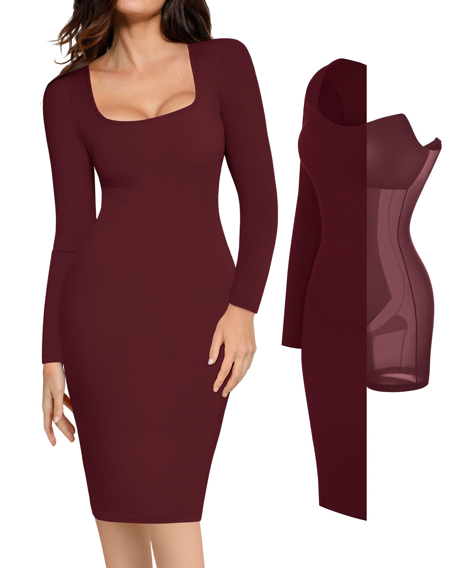 Popilush Women's Long Sleeve Bodycon Midi Dress with Built-in Bra - Tummy Control Shapewear for Cocktail Parties, Night Out & Special Occasions