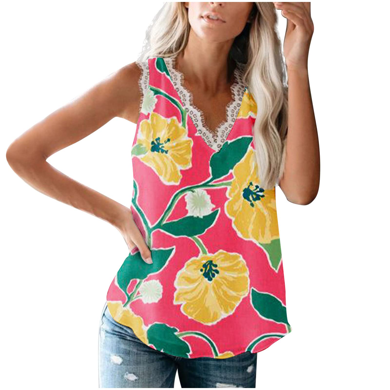 Women's Summer Lace Tank Tops - V Neck Sleeveless Blouse with Lace Trim | Fashion Loose Vest T-Shirts for Casual Wear & Beach Outfits